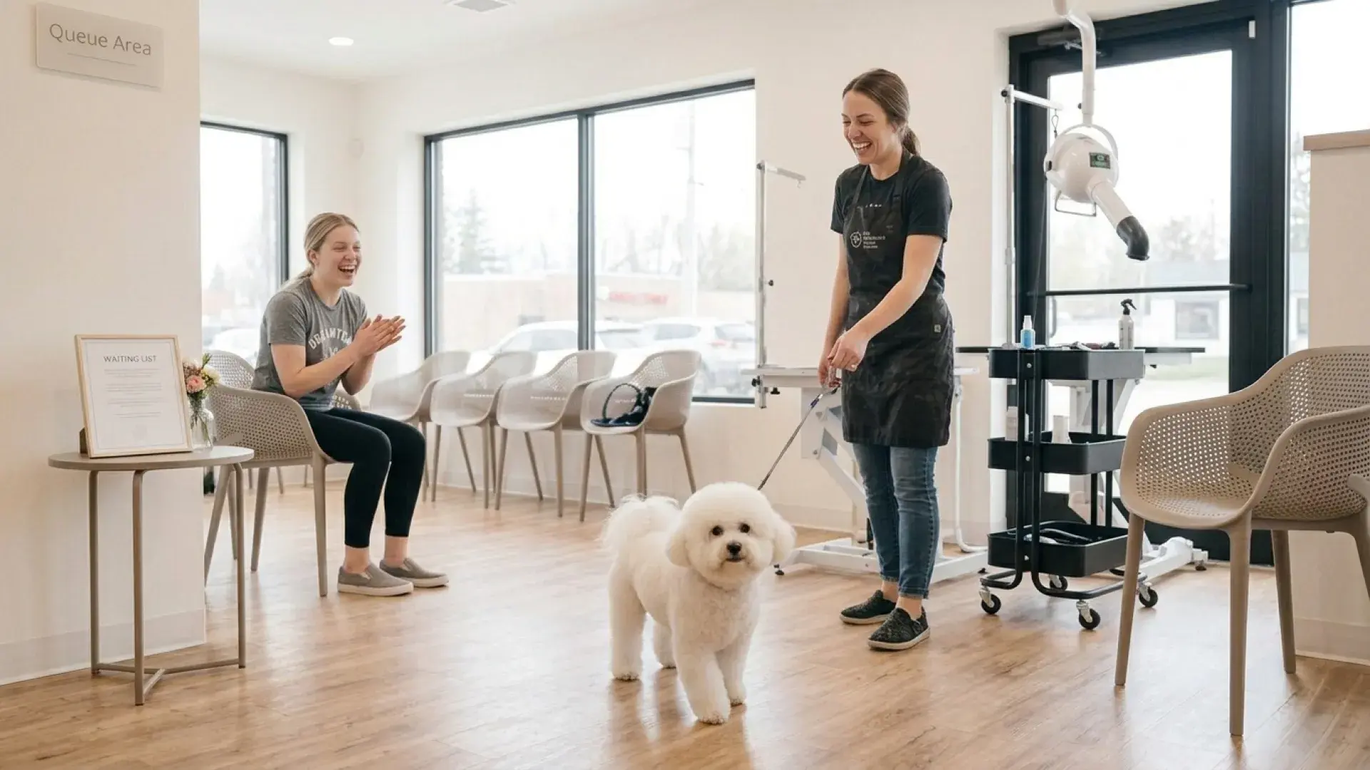 A freshly groomed fluffy white Bichon Frise happily walking towards its owner in a bright pet salon with a smiling groomer.