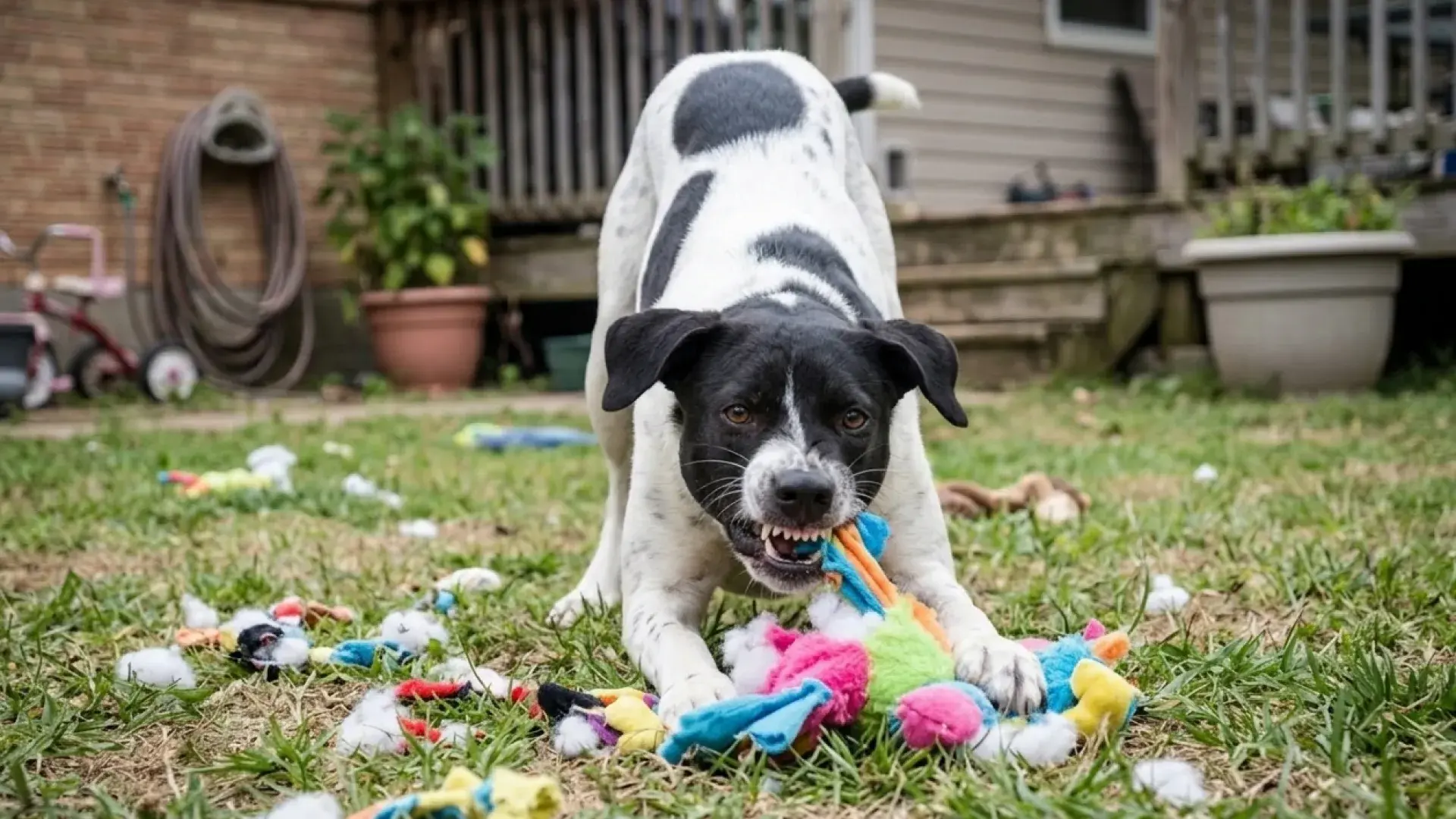 Alt Text: A black and white dog aggressively chewing and tearing apart a colorful plush toy on a backyard lawn, showing destructive chewing habits.