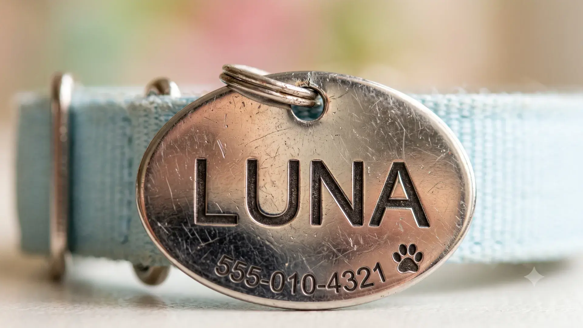 Engraved dog name tag on collar