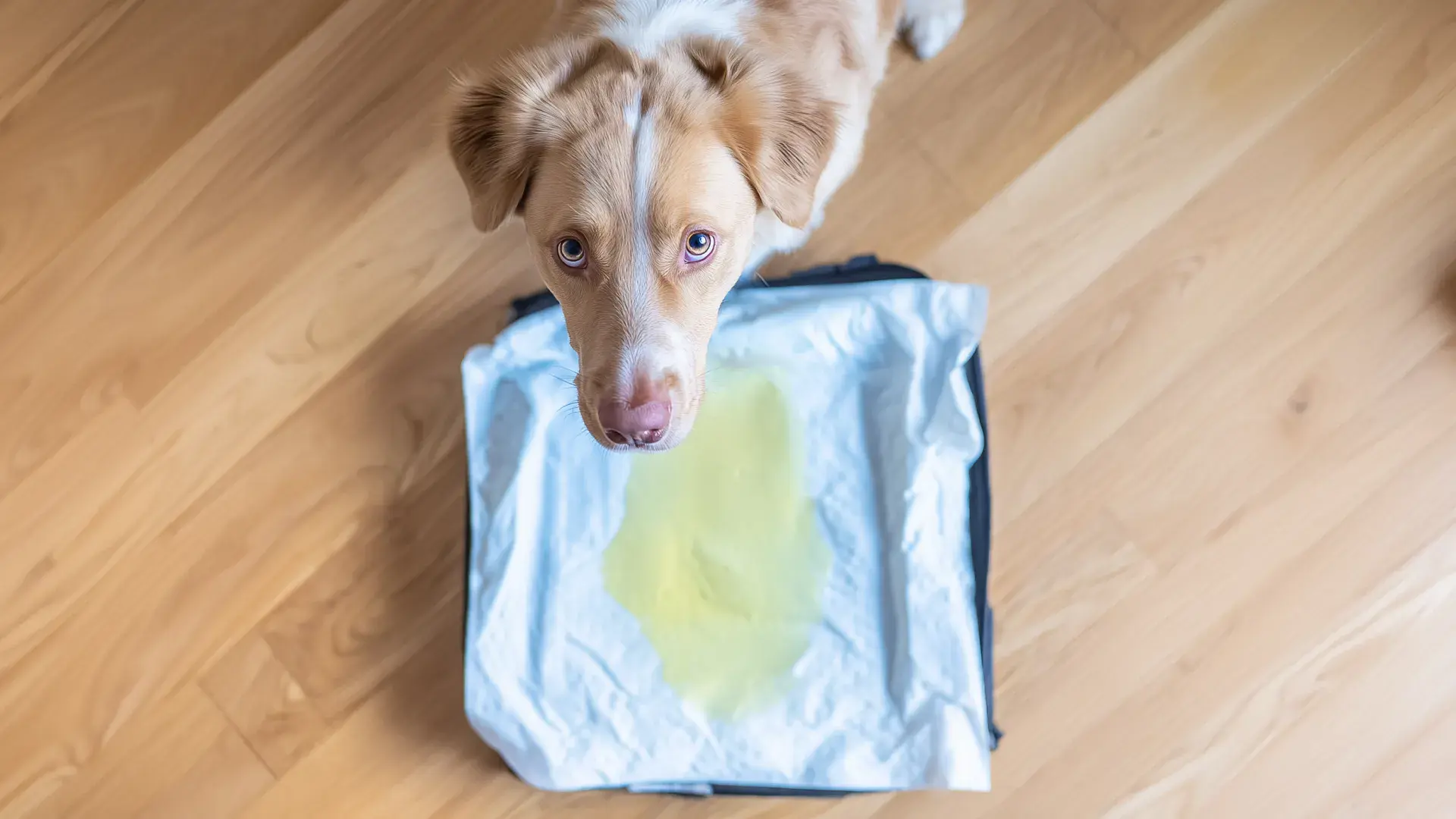 A light-brown dog looking up guiltily next to a yellow urine stain on a white training pad on a wooden floor
