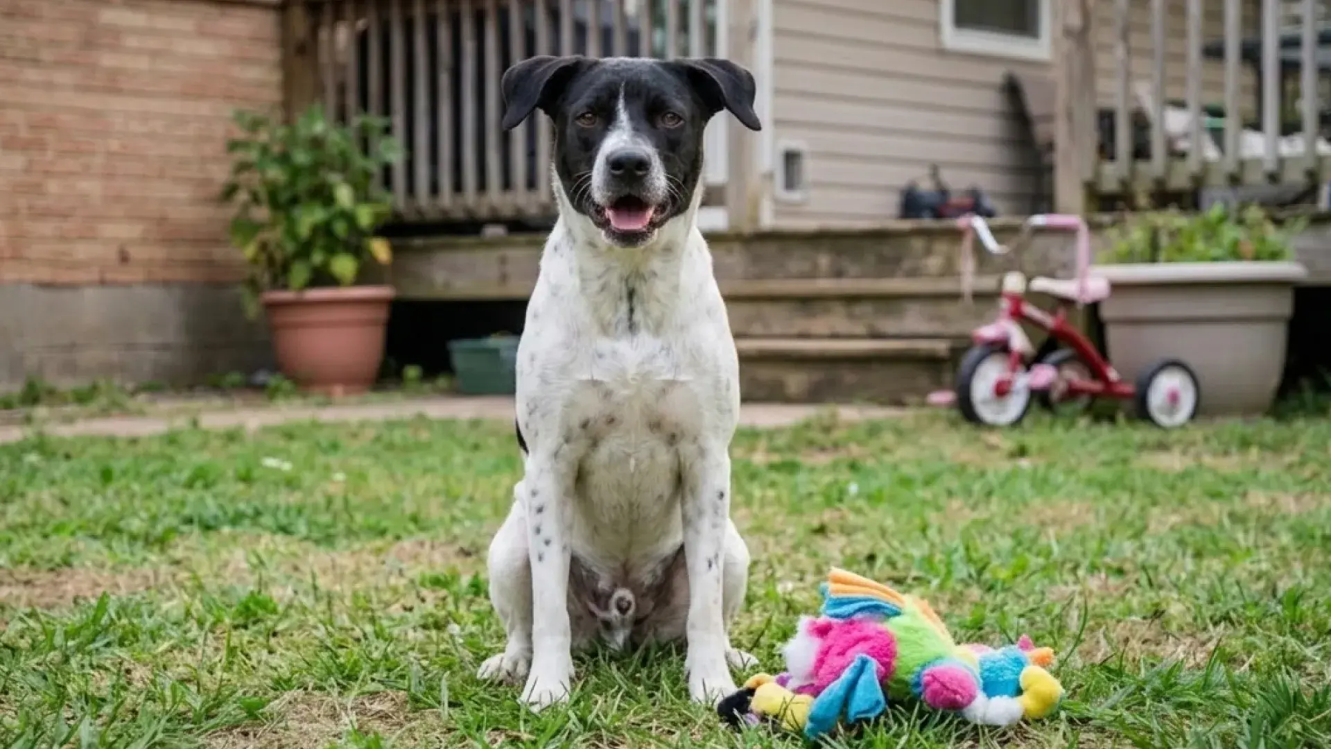A calm black and white dog sitting on the grass next to a ripped-up toy in a backyard, looking at the camera after a play session.