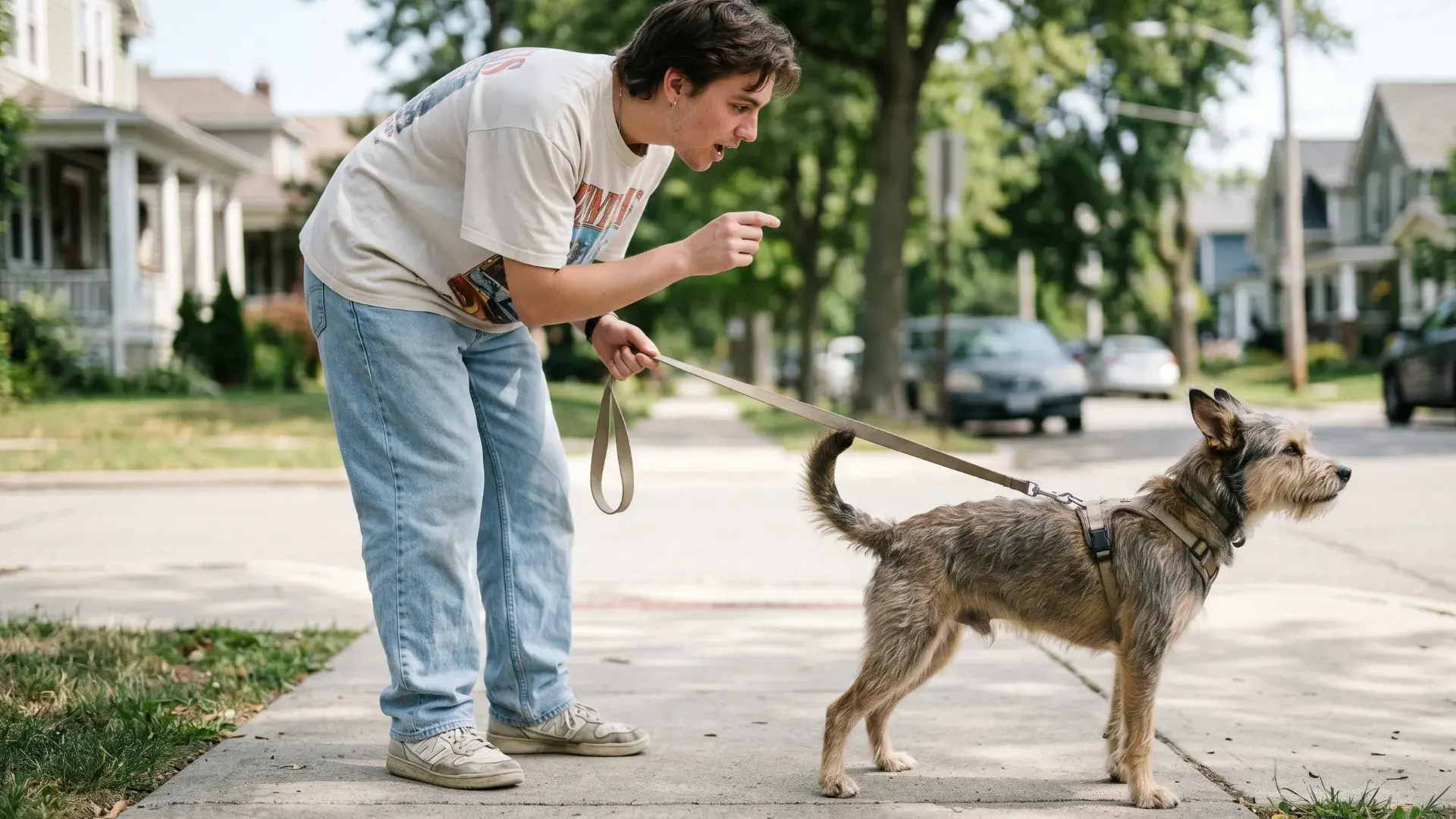 Dog ignoring man's command outdoors