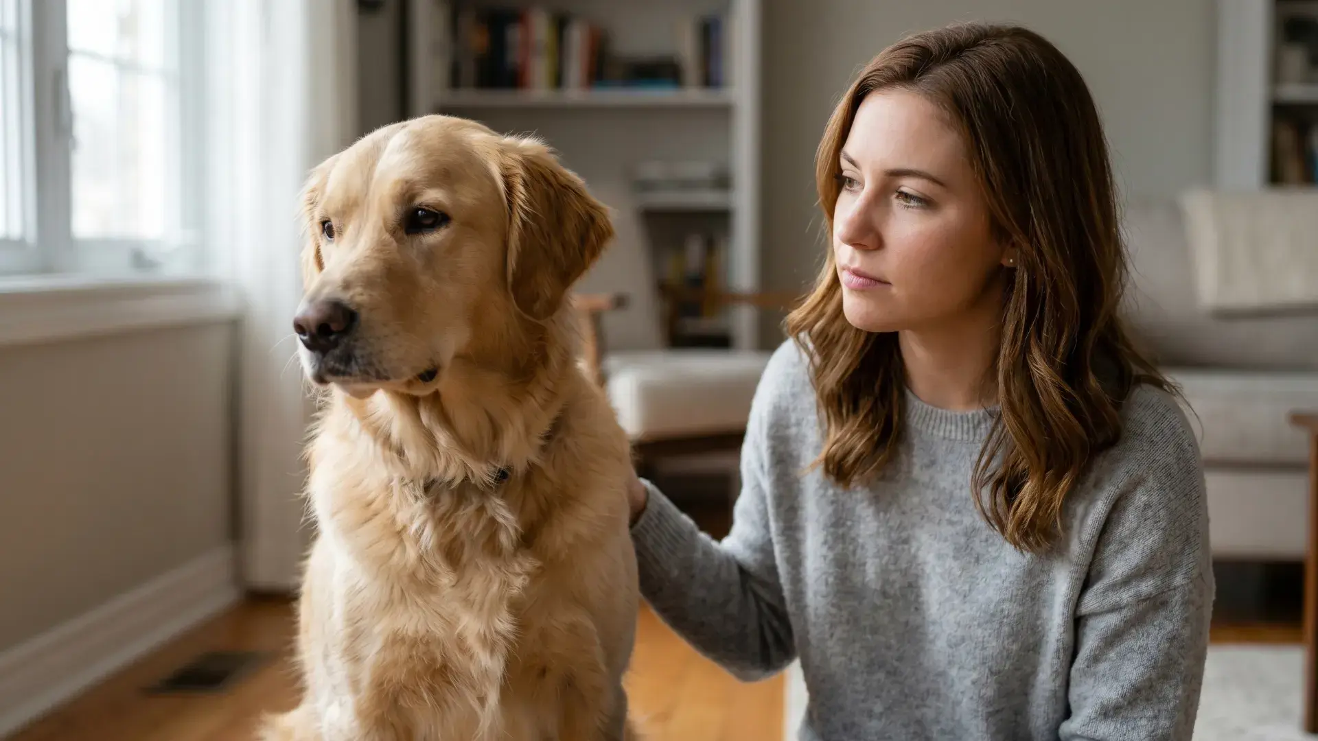 Owner observing concerned dog indoors
