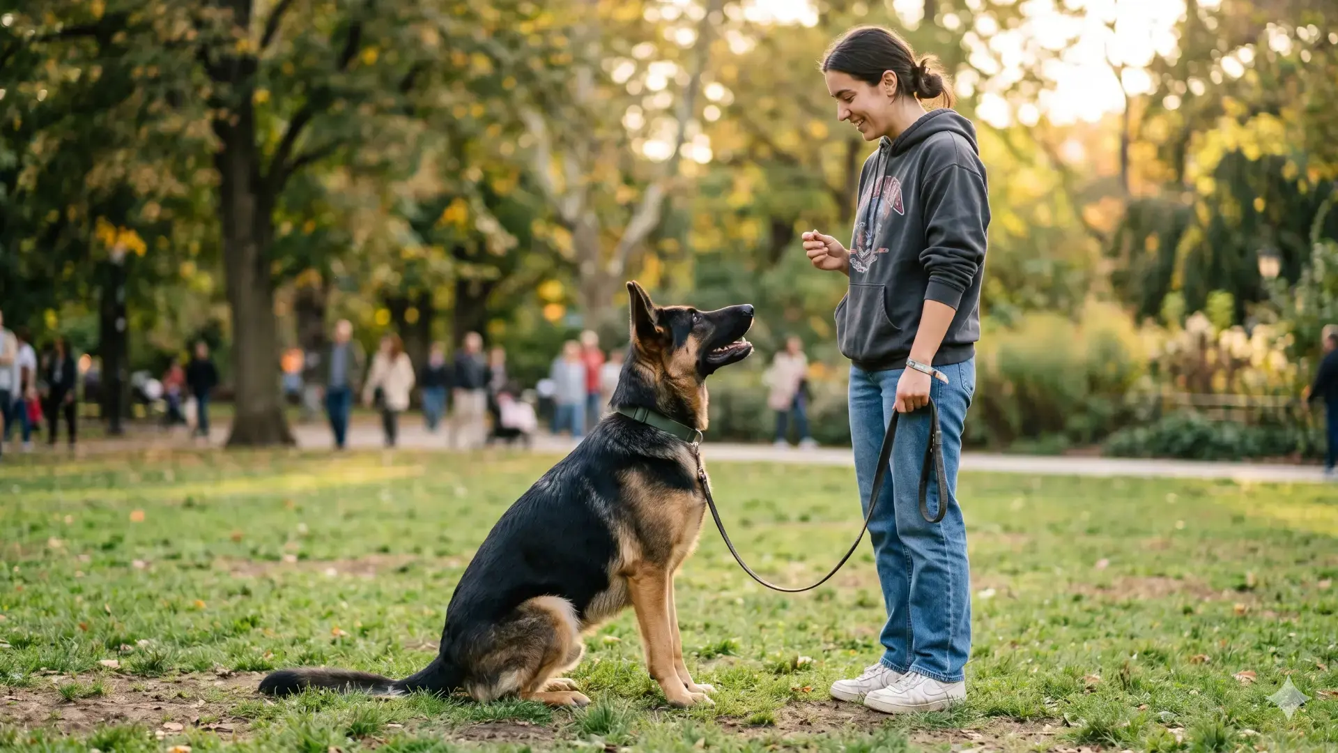Woman training German Shepherd at park