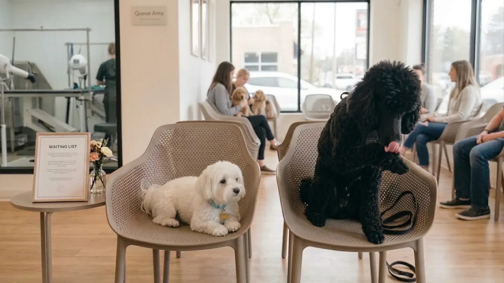 A happy black Standard Poodle licking its nose while standing on a grooming table with a smiling professional female groomer.