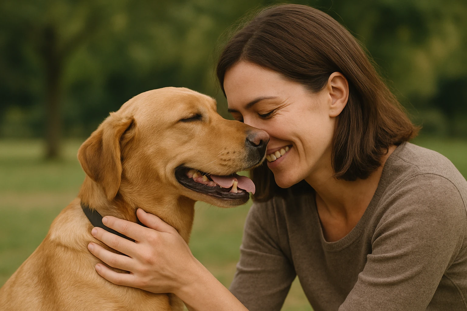 Femme se rapprochant de son chien dans un parc, assise sur l'herbe