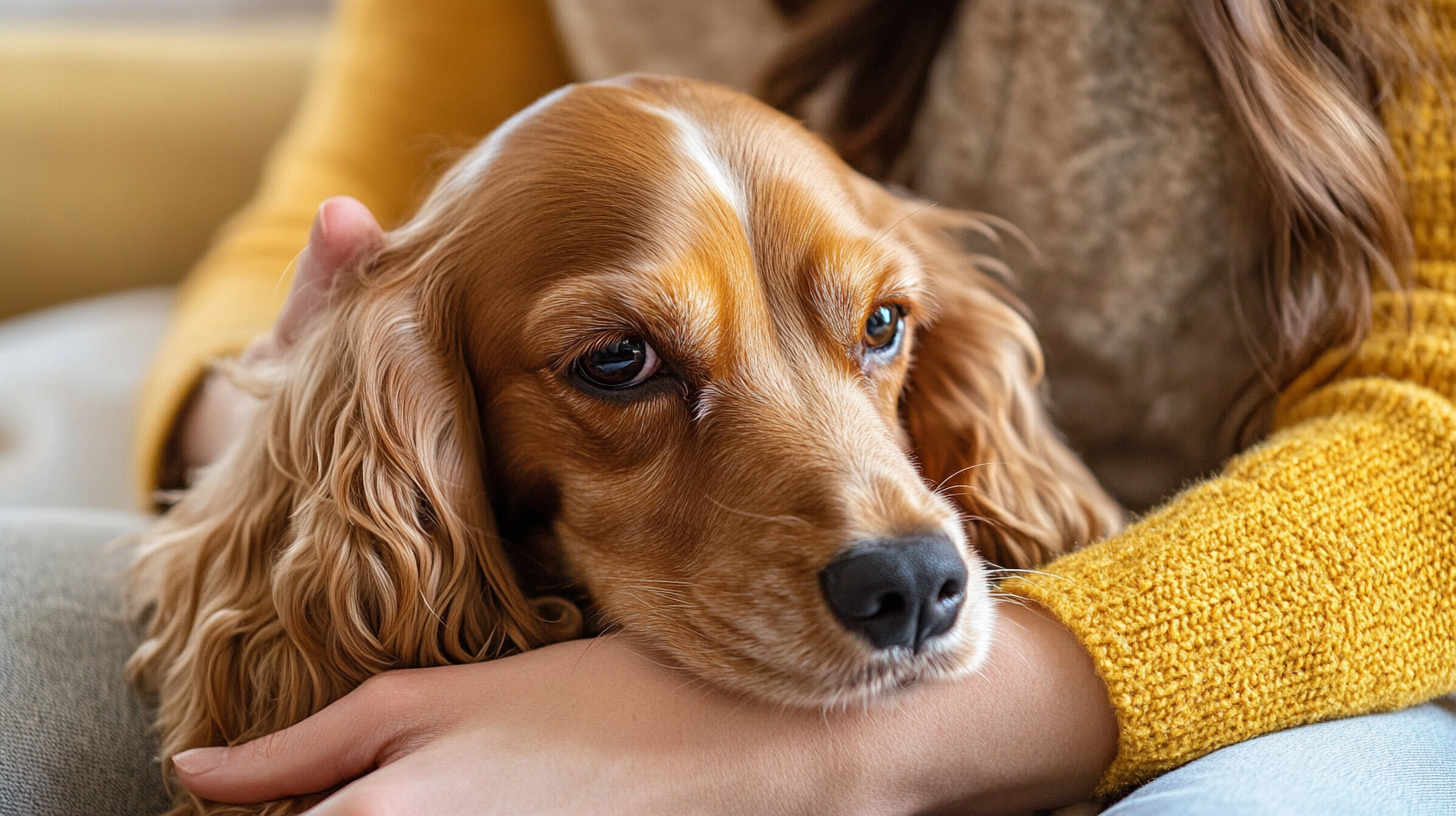 A golden Cocker Spaniel rests its head on its owner’s arm, looking calm and comforted while being held closely.