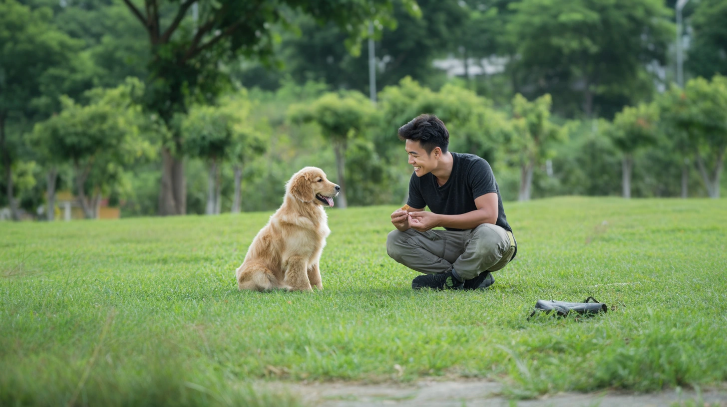A man is crouching on green grass in a park, smiling at a Golden Retriever sitting in front of him. He’s holding a small treat, appearing to train or reward the dog. Trees and soft greenery fill the background on a bright, calm day.