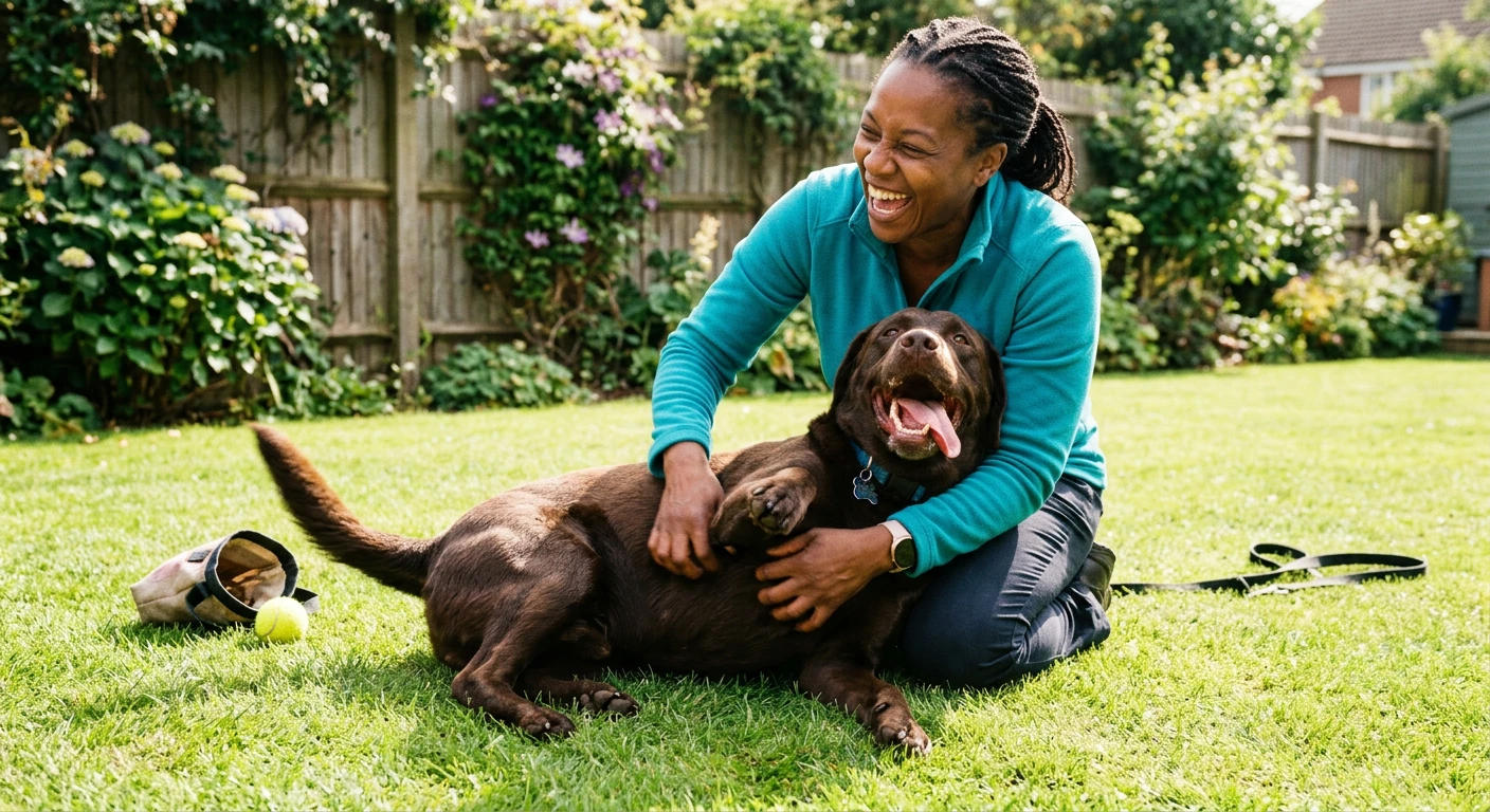 Adestradora sorrindo com seu cachorro ao ar livre