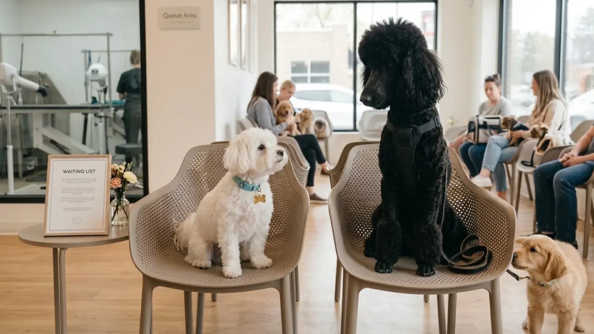 A happy black Standard Poodle licking its nose while standing on a grooming table with a smiling professional female groomer.