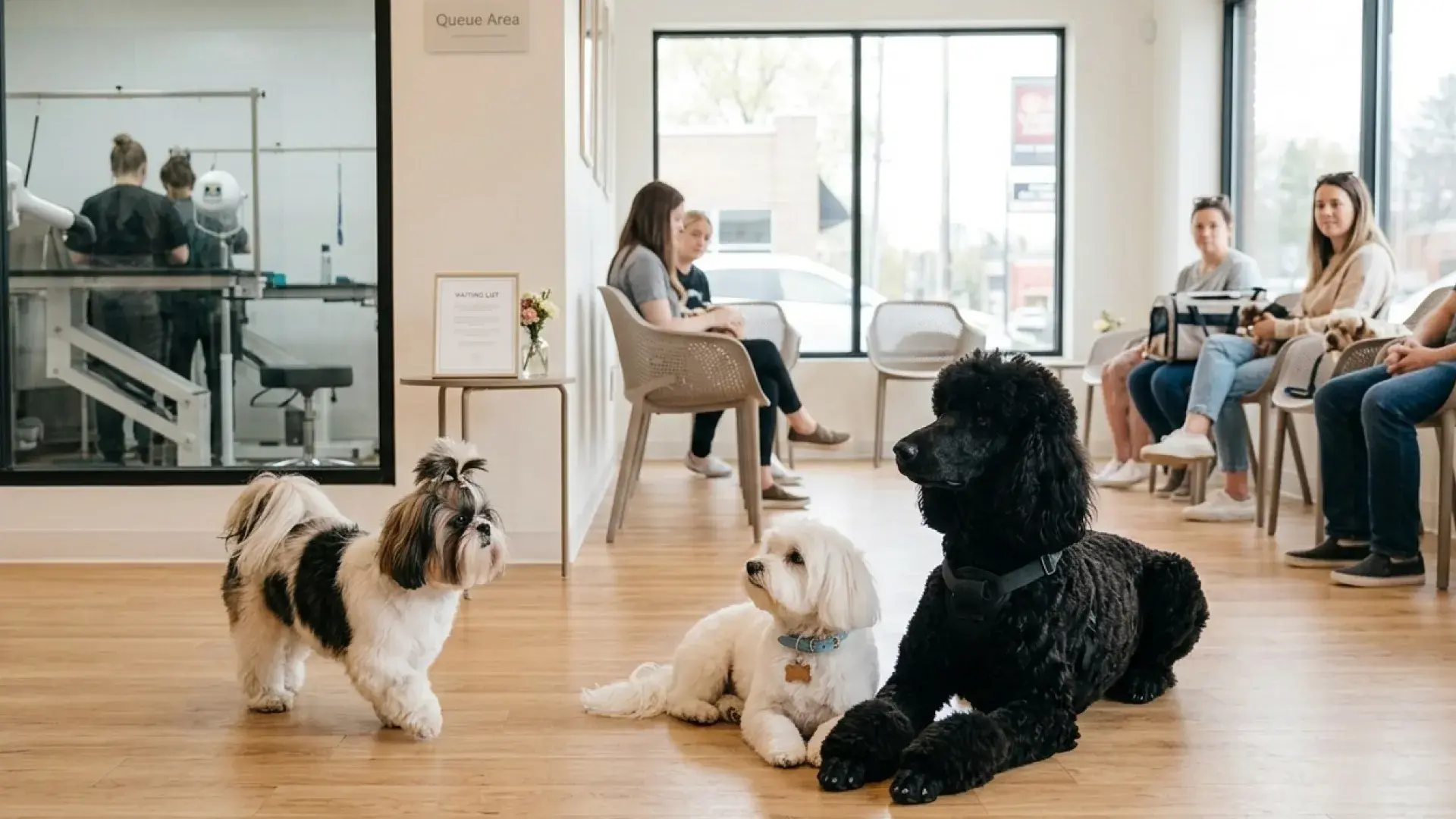A black and white Shih Tzu walking past a white Maltese and a black Poodle resting on the floor of a professional dog grooming studio.