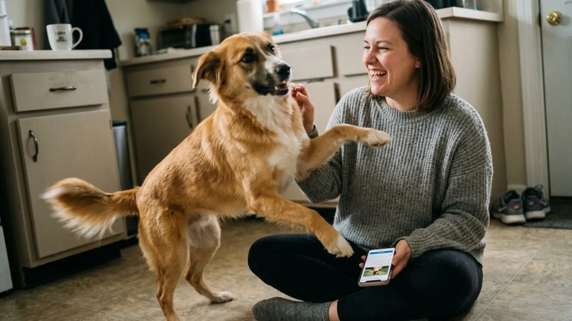 Smiling woman training dog using app