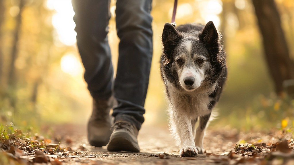 A senior Border Collie walks on a leash beside its owner through a sunlit autumn forest path, showing focus and calm behavior.