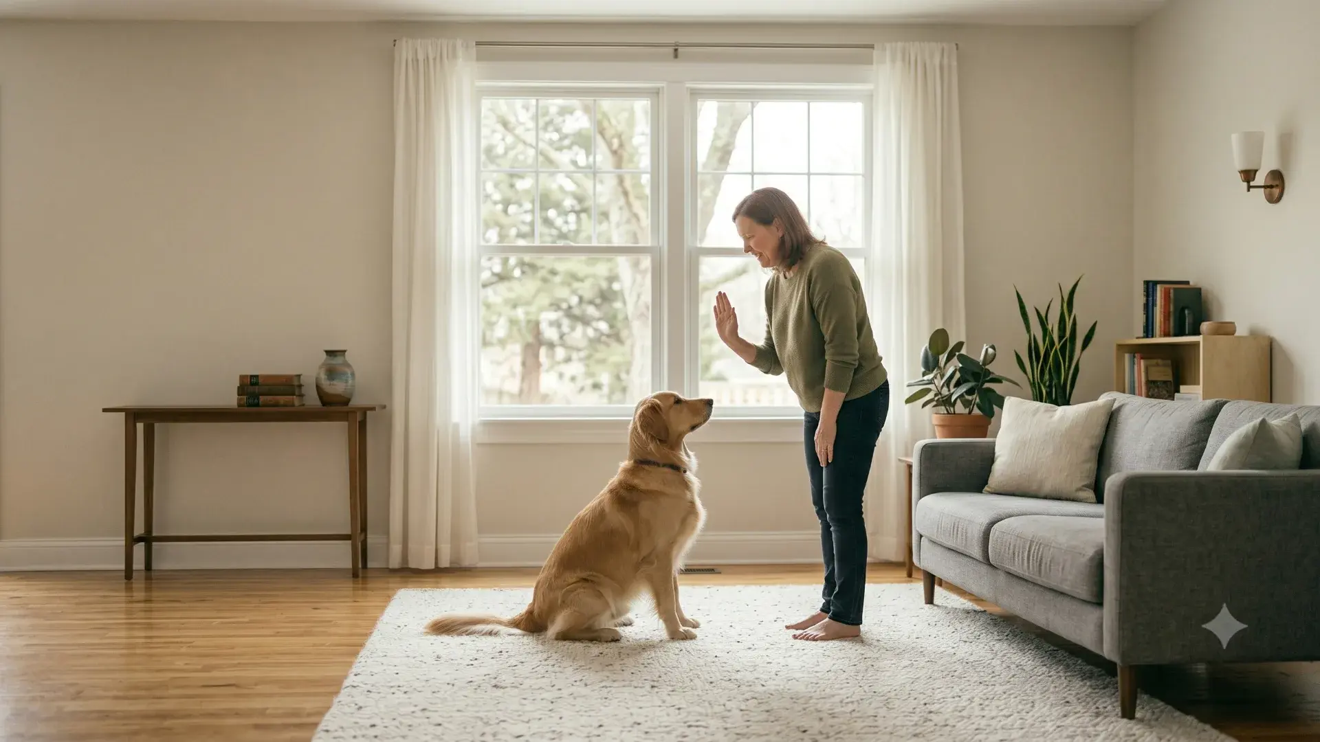 Owner teaching dog stay with hand signal