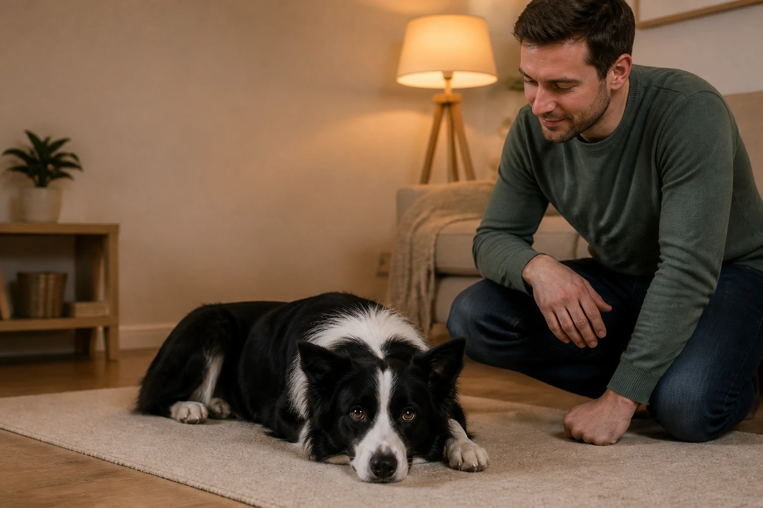 A rescue dog sitting calmly on a dog bed in a cozy home, looking up at its new owner