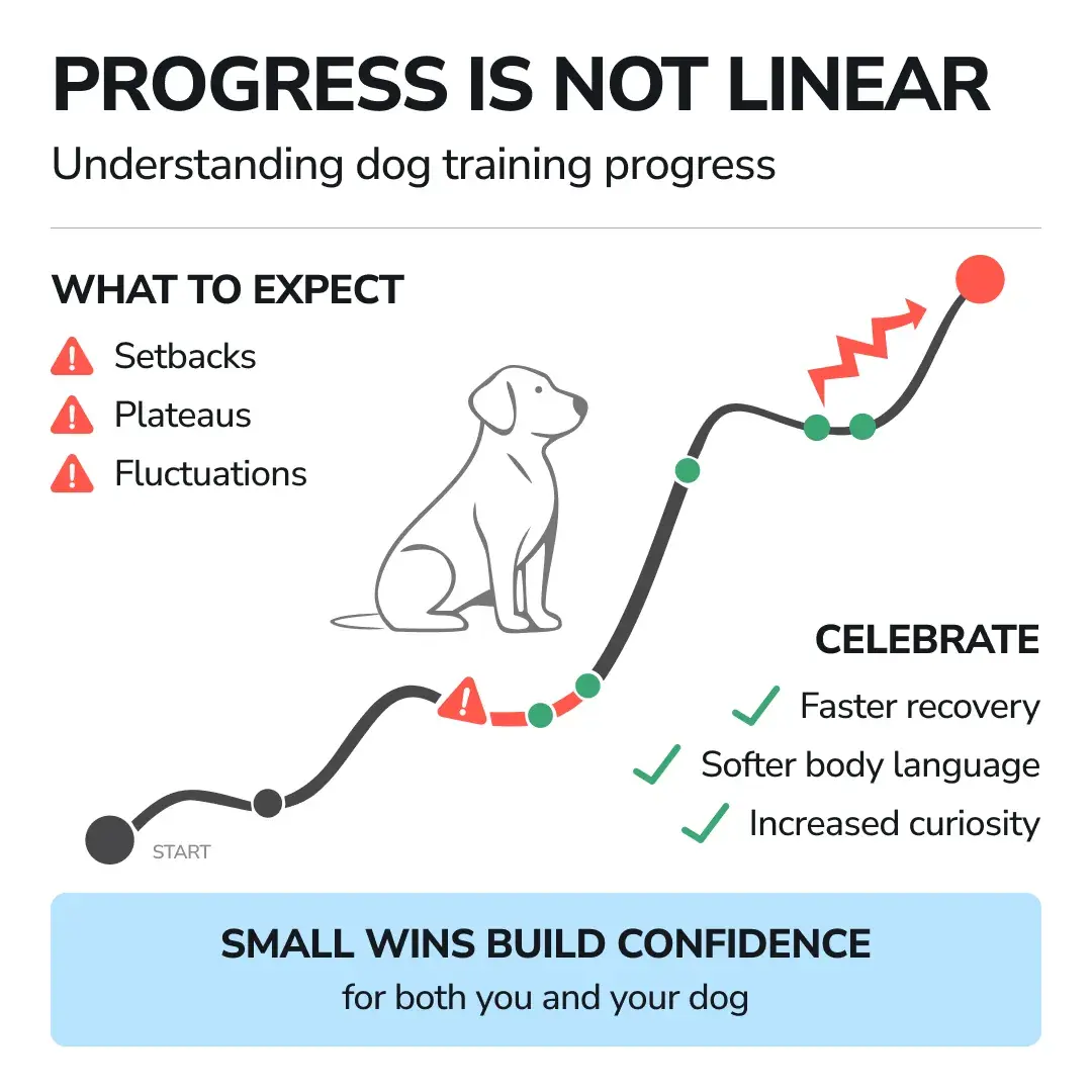 A nervous brown dog with ears pinned back and wide eyes sitting cautiously in a living room, illustrating signs of fear and the need for slow socialization in adult dogs.