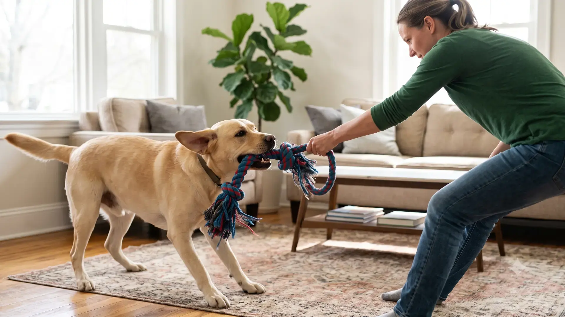 Dog tugging rope toy with owner