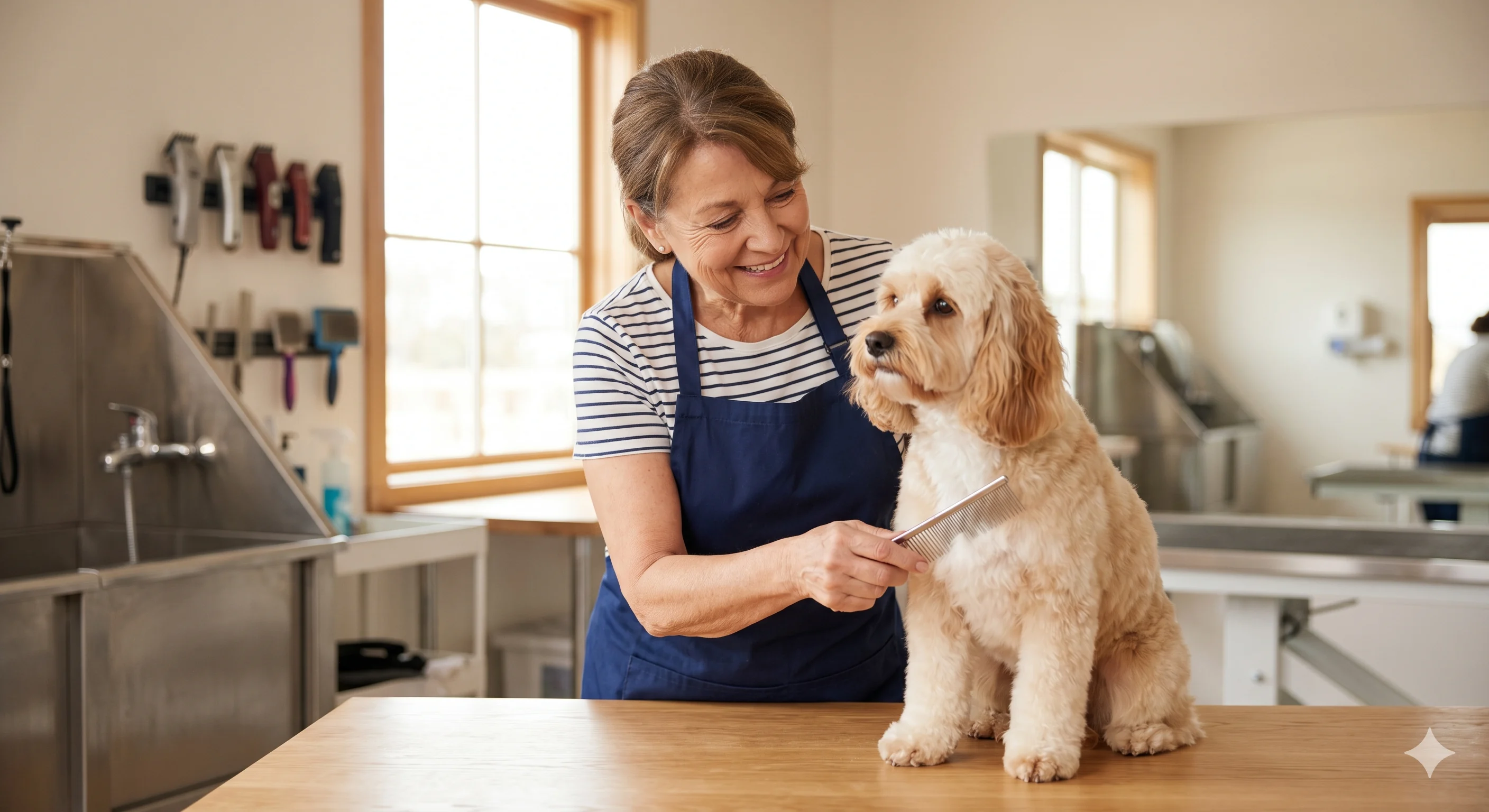 A warm, medium-wide photograph of a smiling woman in a dark blue apron and striped shirt, gently combing the fur on the chest of a small, golden-apricot poodly-mix dog. The dog sits calmly on a wooden grooming table. The background shows a professional pet grooming salon with a stainless steel tub, a rack of grooming tools, and a large window