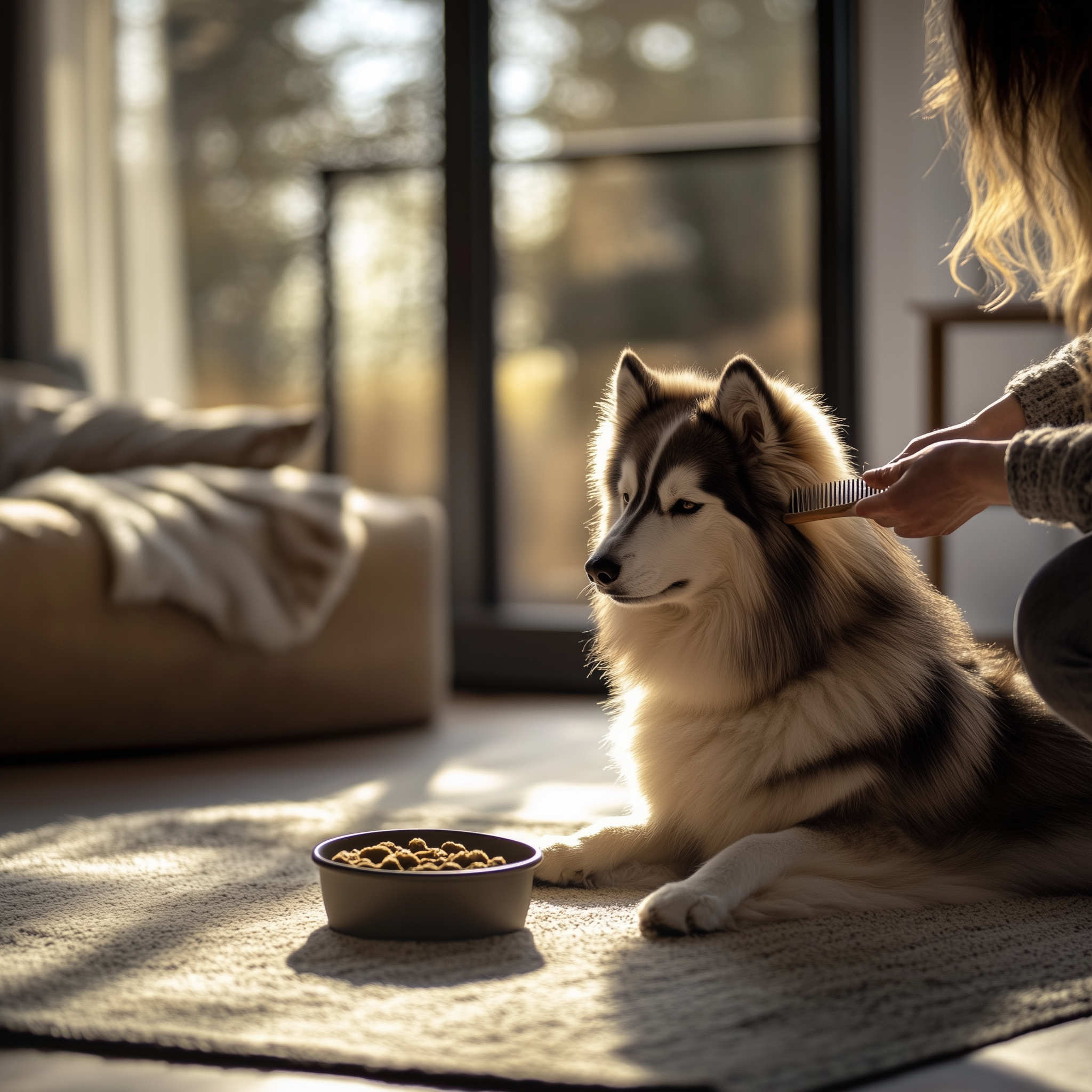 A fluffy Siberian Husky lies on a rug indoors with a bowl of kibble in front, while a person gently brushes its fur in the soft sunlight.