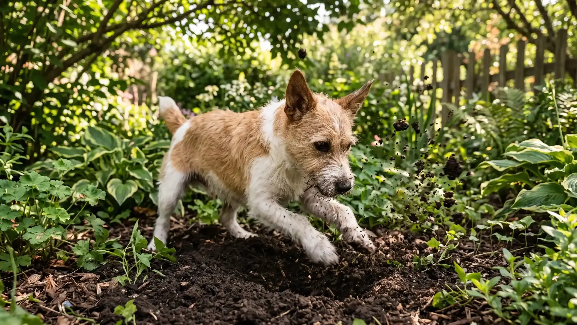 Dog mid-dig with soil flying