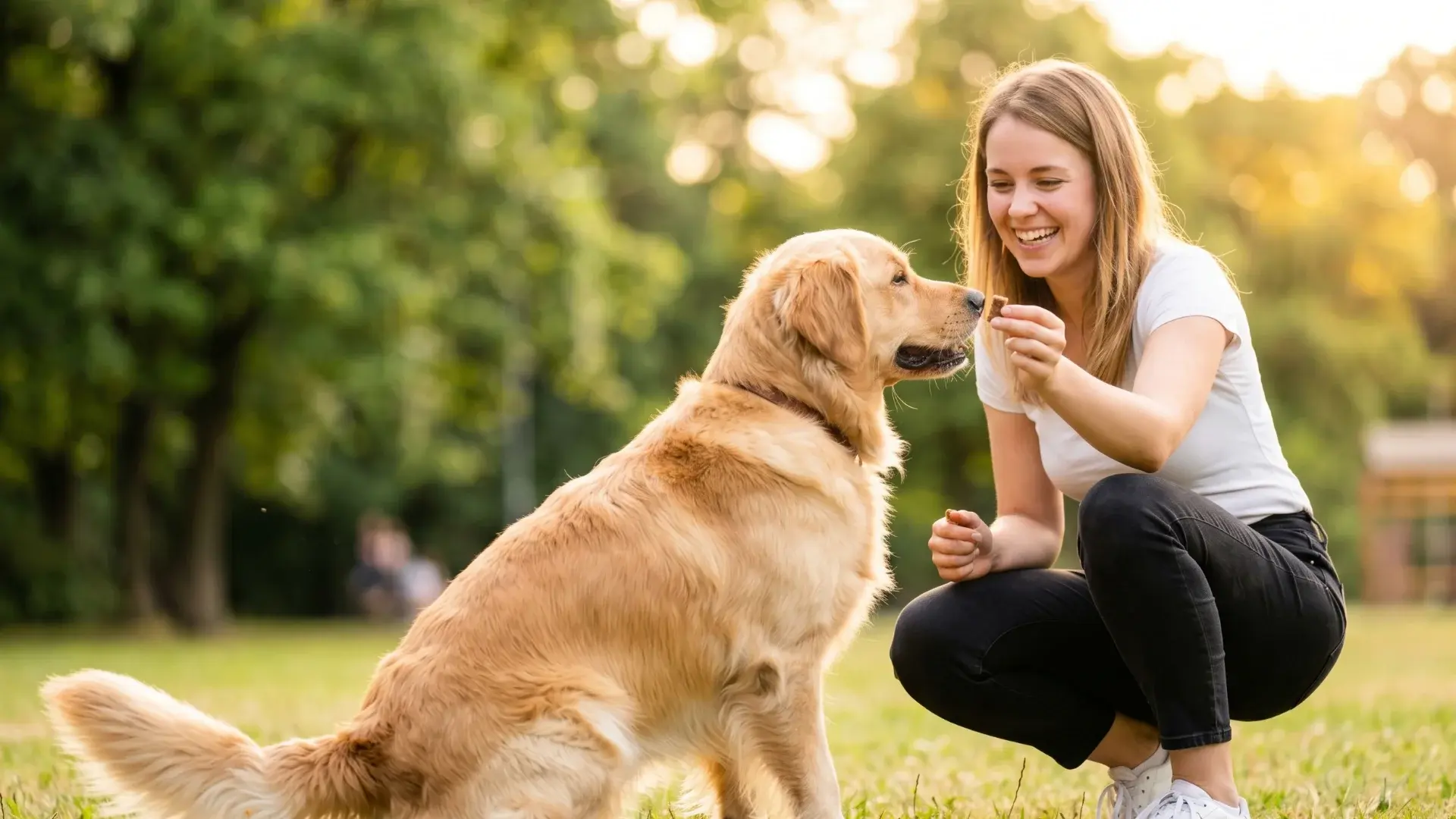 Owner teaching dog tricks outdoors