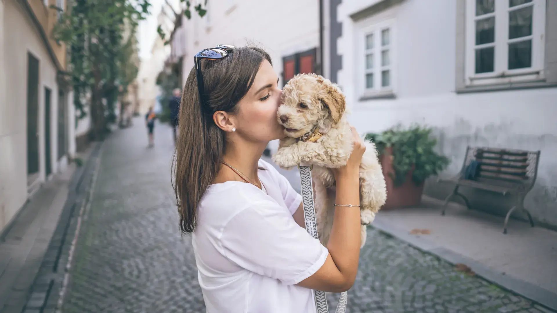 A woman wearing a brown wide-brimmed hat affectionately kisses her white dog on the forehead in a sunlit autumn forest. This image perfectly captures the bond between pets and owners while exploring if dogs truly enjoy human kisses.