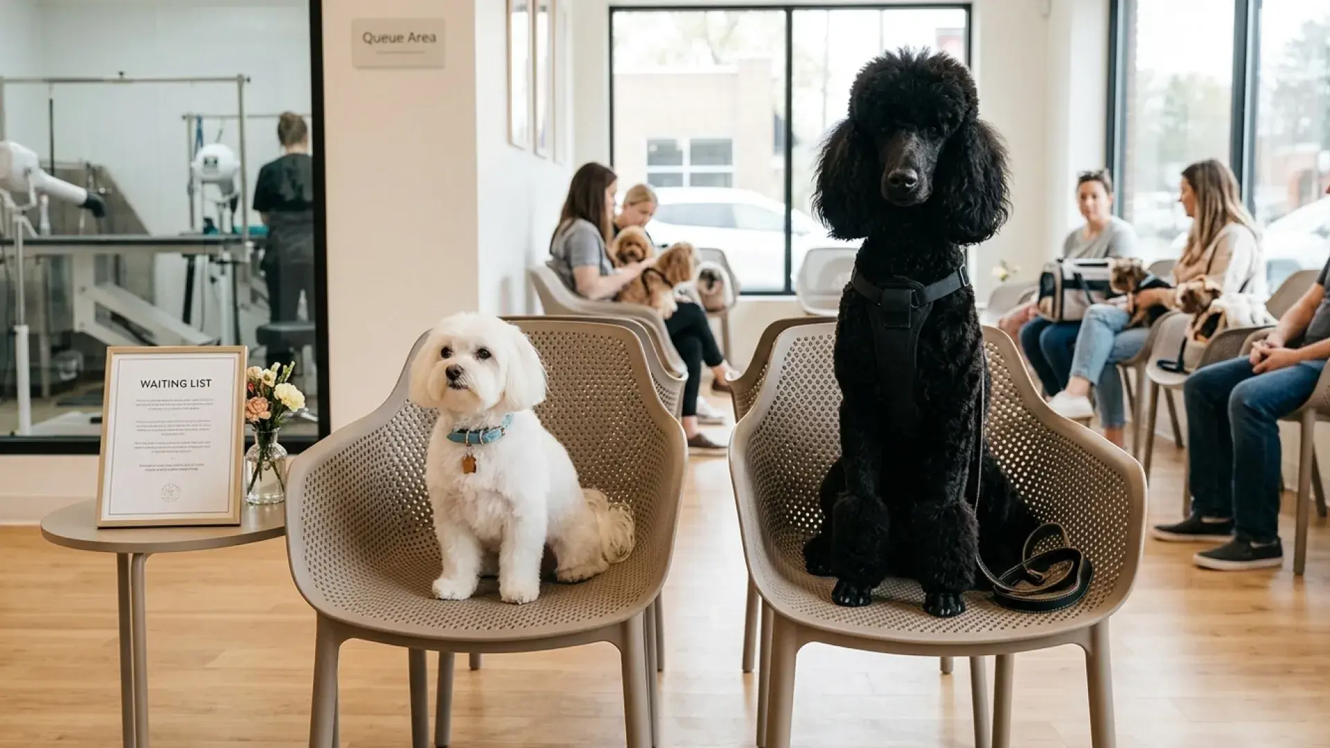 A small white Maltese dog and a large black Standard Poodle sitting on chairs in a modern pet grooming salon waiting area.