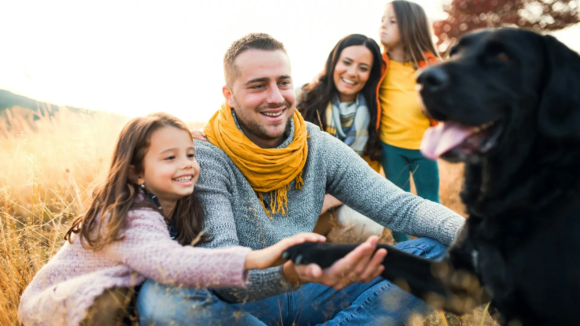 A happy family sitting in a field, smiling and petting their black Labrador Retriever, illustrating the bond between children and gentle dog breeds.