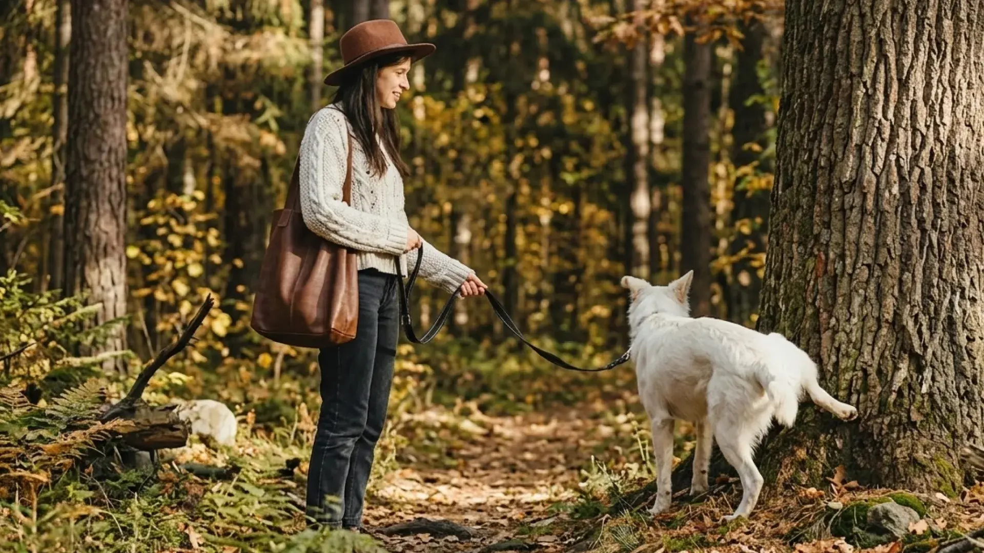 A smiling woman in a brown hat and cream sweater sits in the open trunk of a car, hugging a large, happy white dog during an autumn road trip.