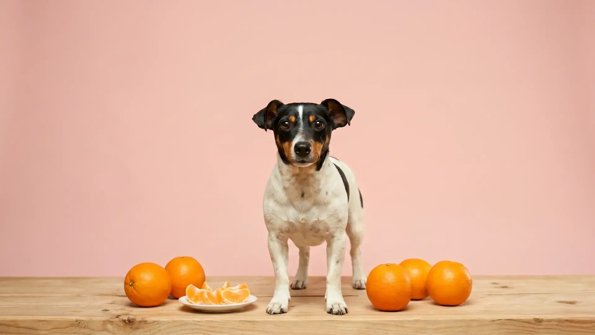 A young golden retriever puppy curiously looking at fresh orange slices on a wooden floor. This high-quality image accompanies a guide on whether dogs can eat oranges safely, focusing on healthy citrus treats for pets.