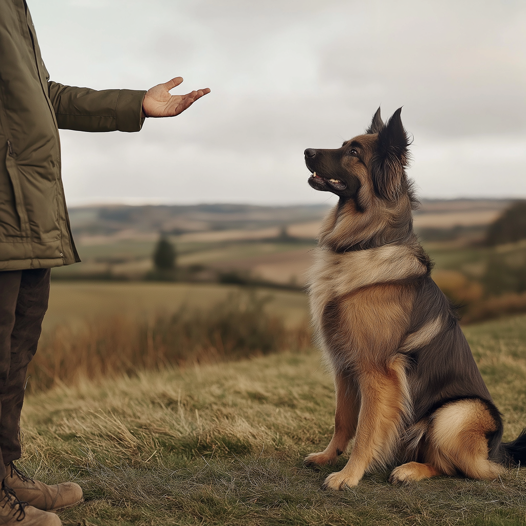 A German Shepherd mix sits attentively on the grass, looking up at its owner who extends a hand during an outdoor training session.