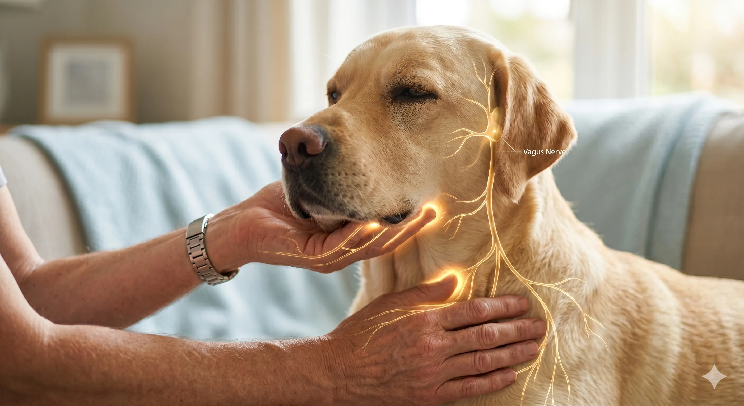 An image showing a calm golden Labrador Retriever on a couch, with a glowing anatomical overlay of the "Vagus Nerve" pathway. The overlay highlights the nerve branching through the neck, head, and chest, with points of light indicating areas where the human hands, cupping the chin and chest, are applying pressure to stimulate the nerve. The text "Vagus Nerve" is clearly labelled on the diagram.