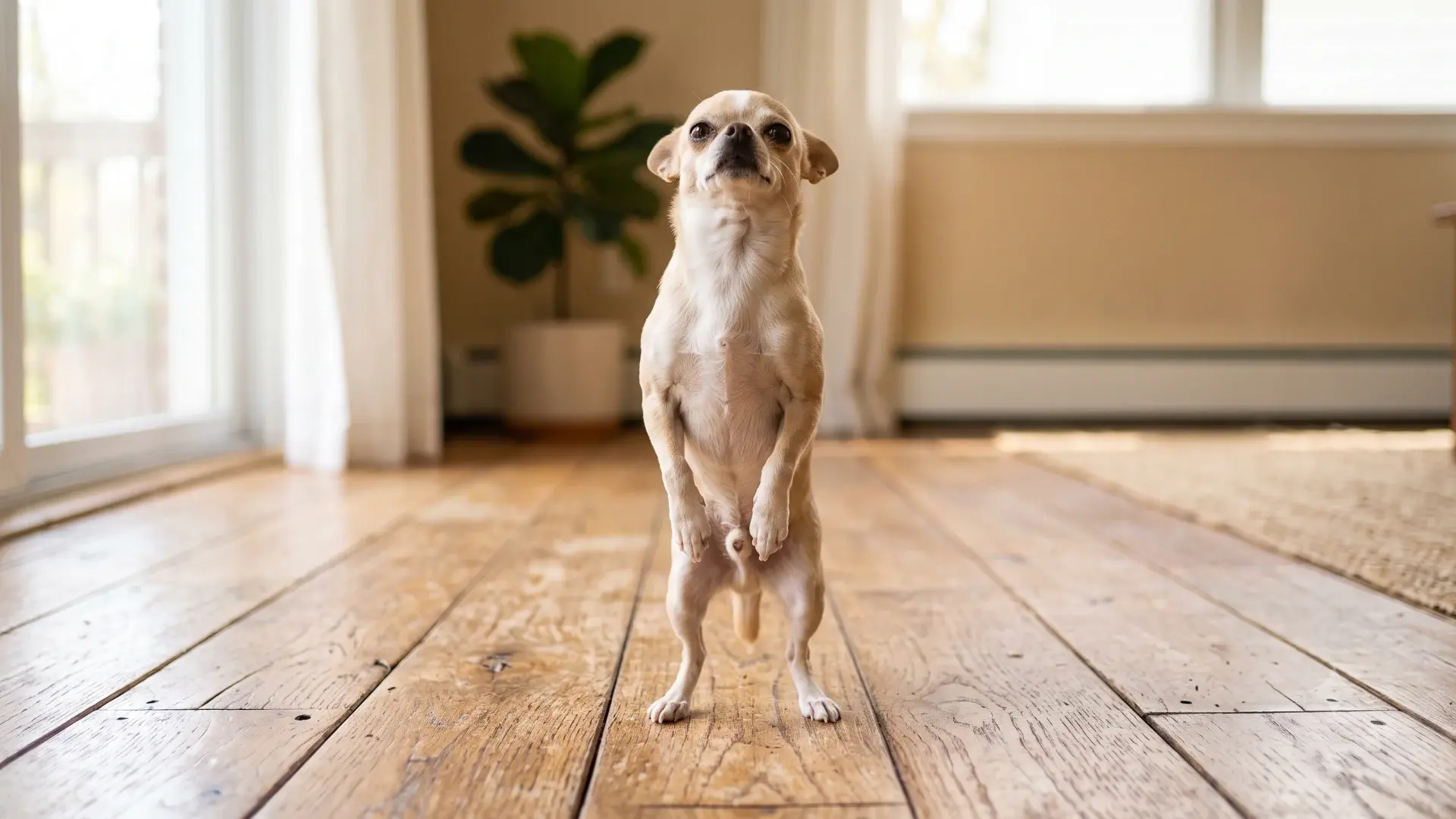 Small dog standing tall and bold