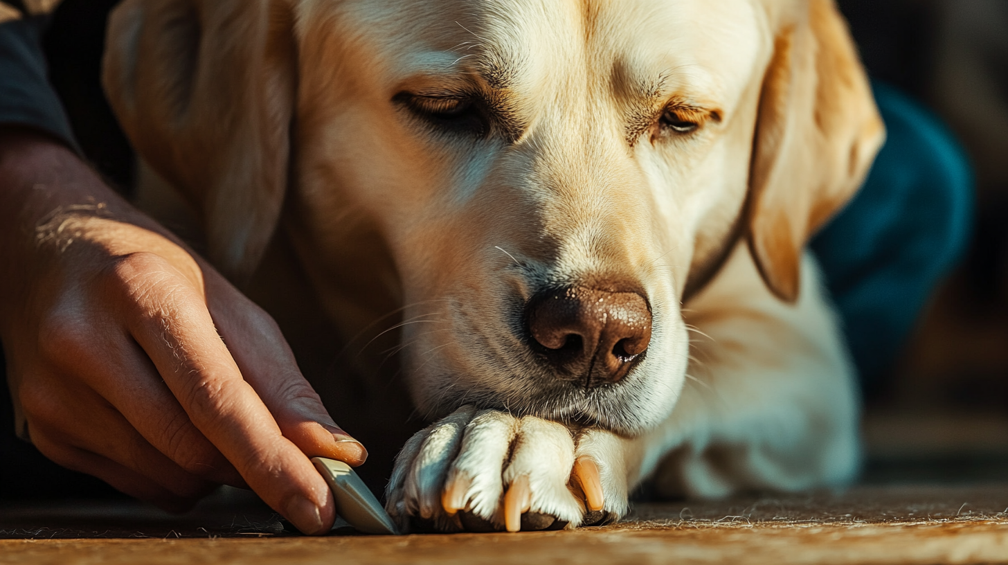 A close-up of a Labrador calmly lying down while its owner trims its nails with a clipper.