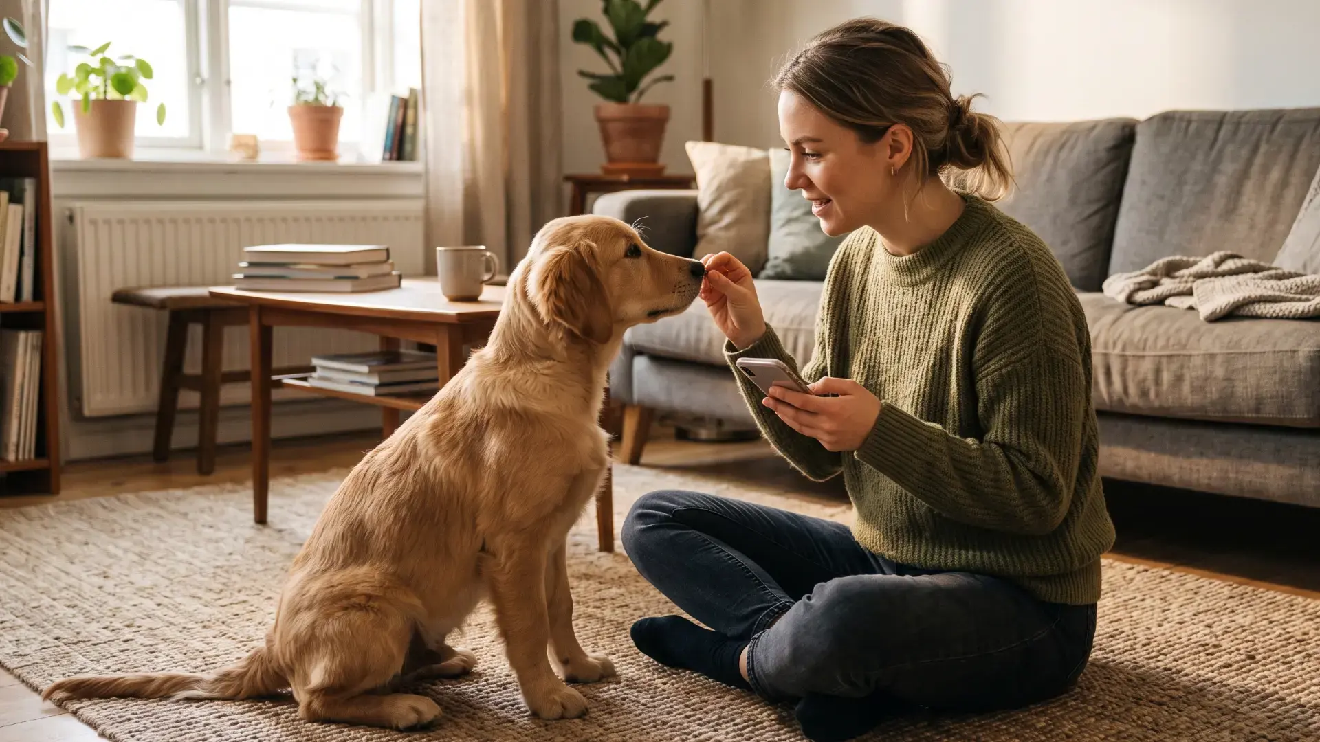 Dona adestrando cachorro em casa