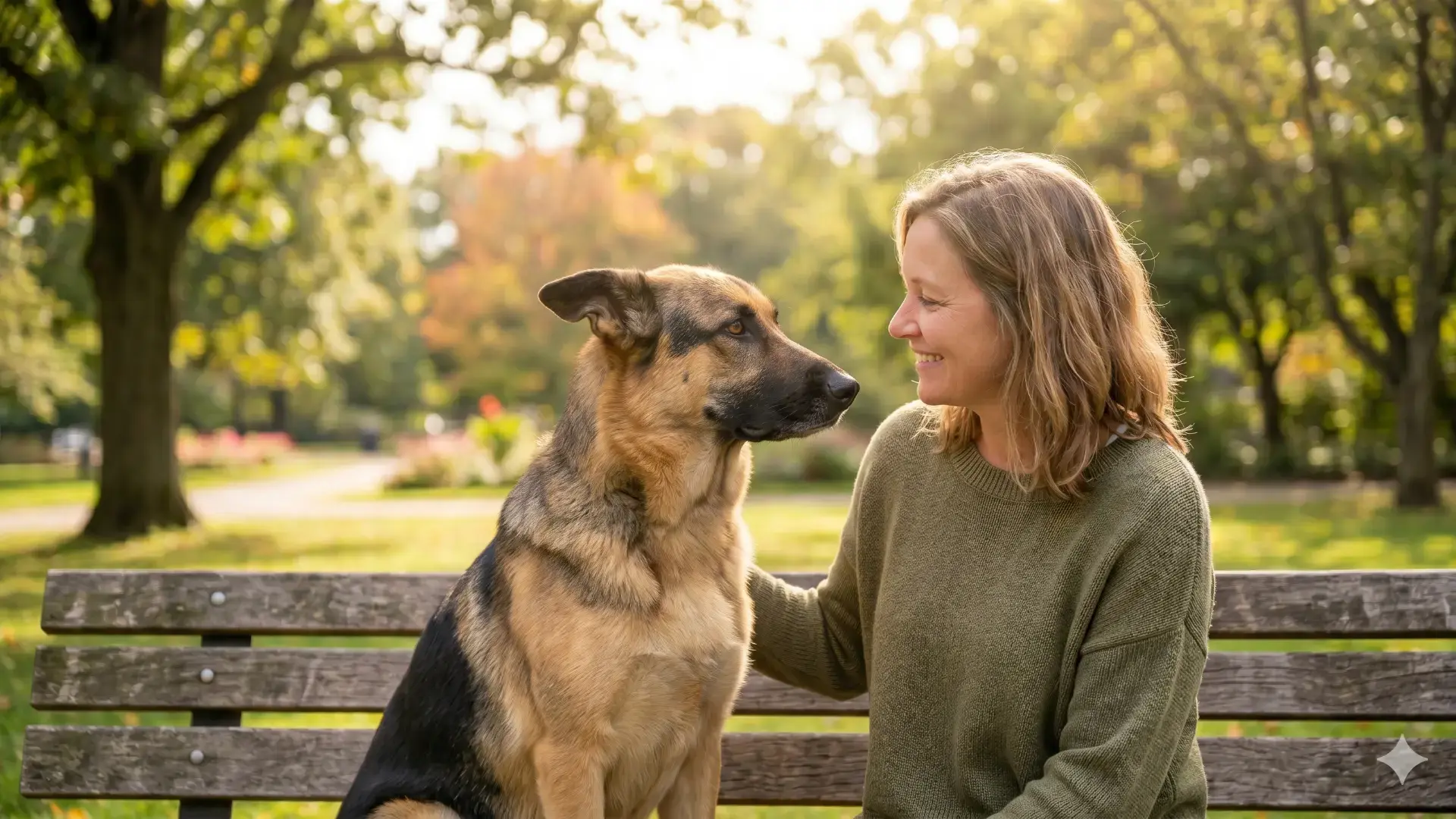 Woman and German Shepherd making eye contact