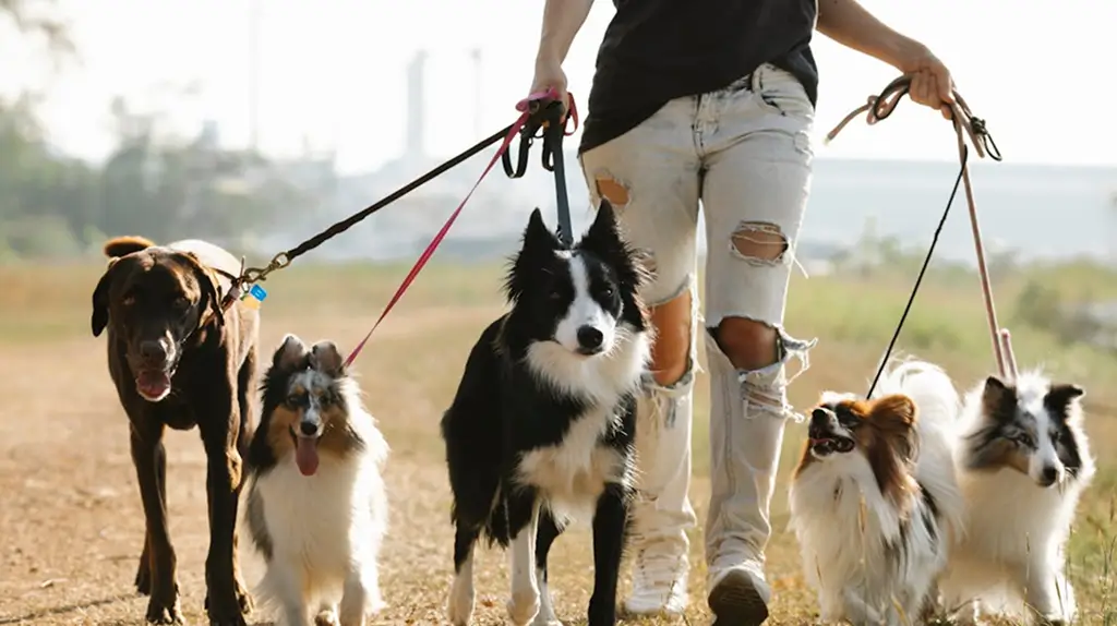 A person in ripped jeans walks five dogs of different breeds on leashes along a dirt path outdoors. The dogs include a Labrador, a Border Collie, and several small fluffy breeds.