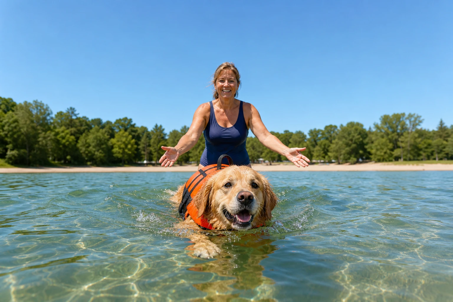 dog wearing life jacket and learning how to swim safely