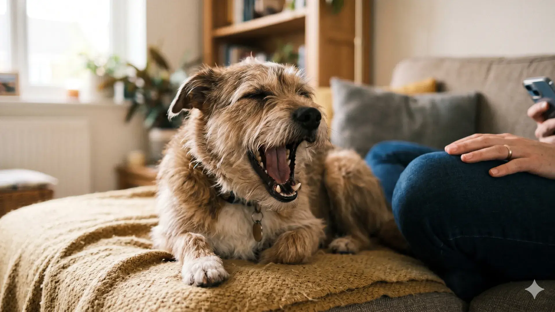 Dog yawning on couch beside owner