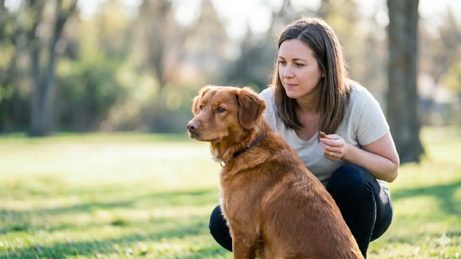 Dog ignoring owner holding treat outdoors