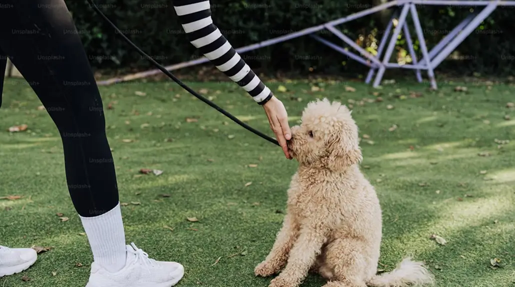 A fluffy cream-colored poodle sits on the grass while a person in sneakers and striped sleeves gently guides it with a leash during training.