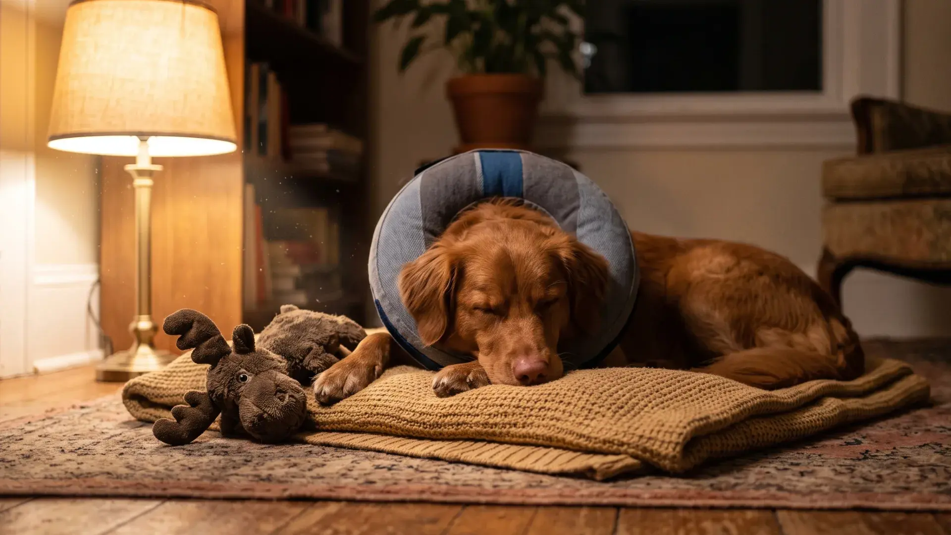 Soft recovery collar on cozy couch