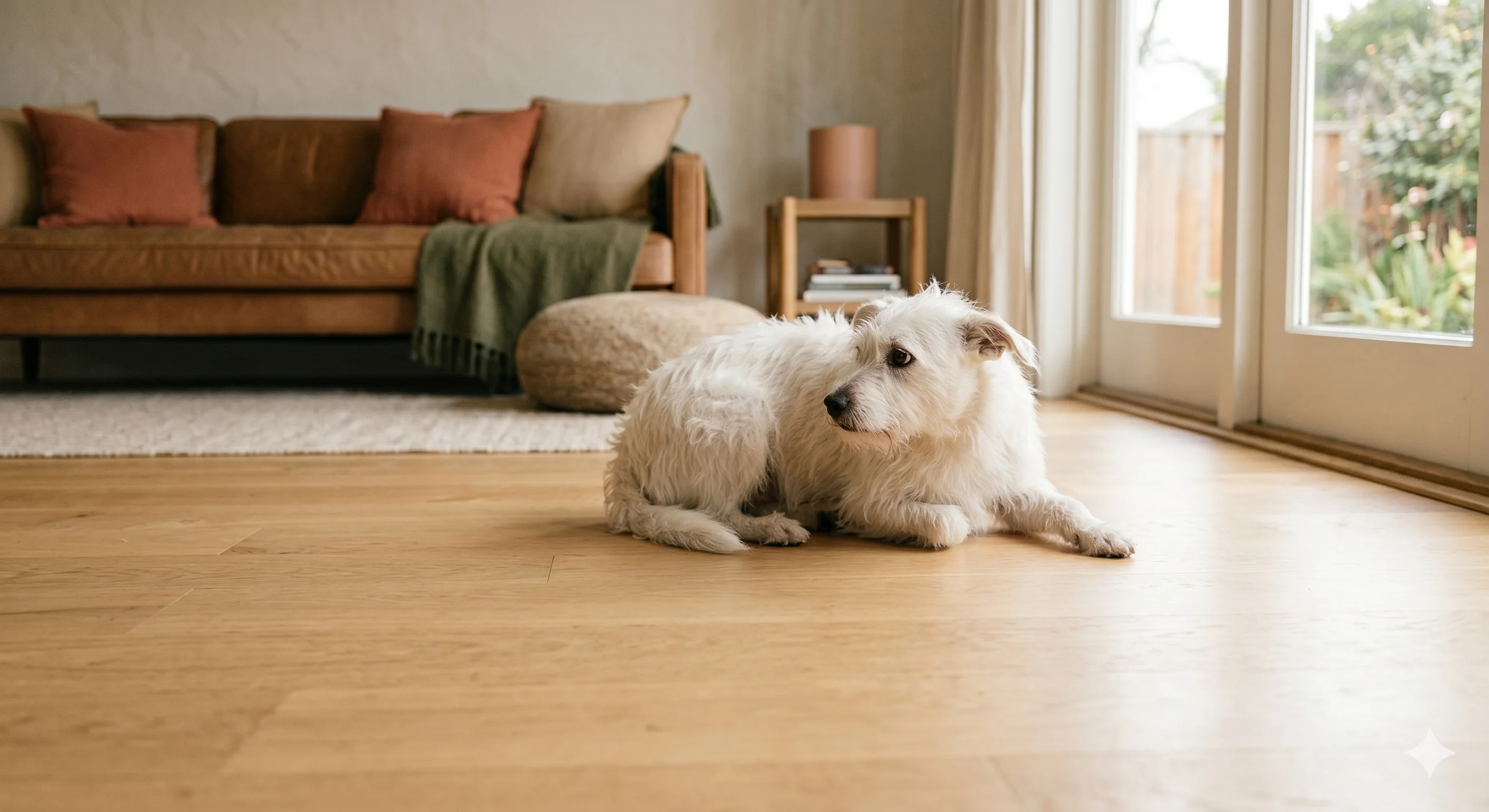 An editorial lifestyle photograph of a small, white scruffy dog lying on a light hardwood floor in a modern living room. The dog is looking back anxiously over its shoulder with wide eyes and lowered ears, showing subtle signs of fear. The background is softly blurred, featuring a tan leather sofa with terracotta pillows and a glass door letting in soft, natural light.