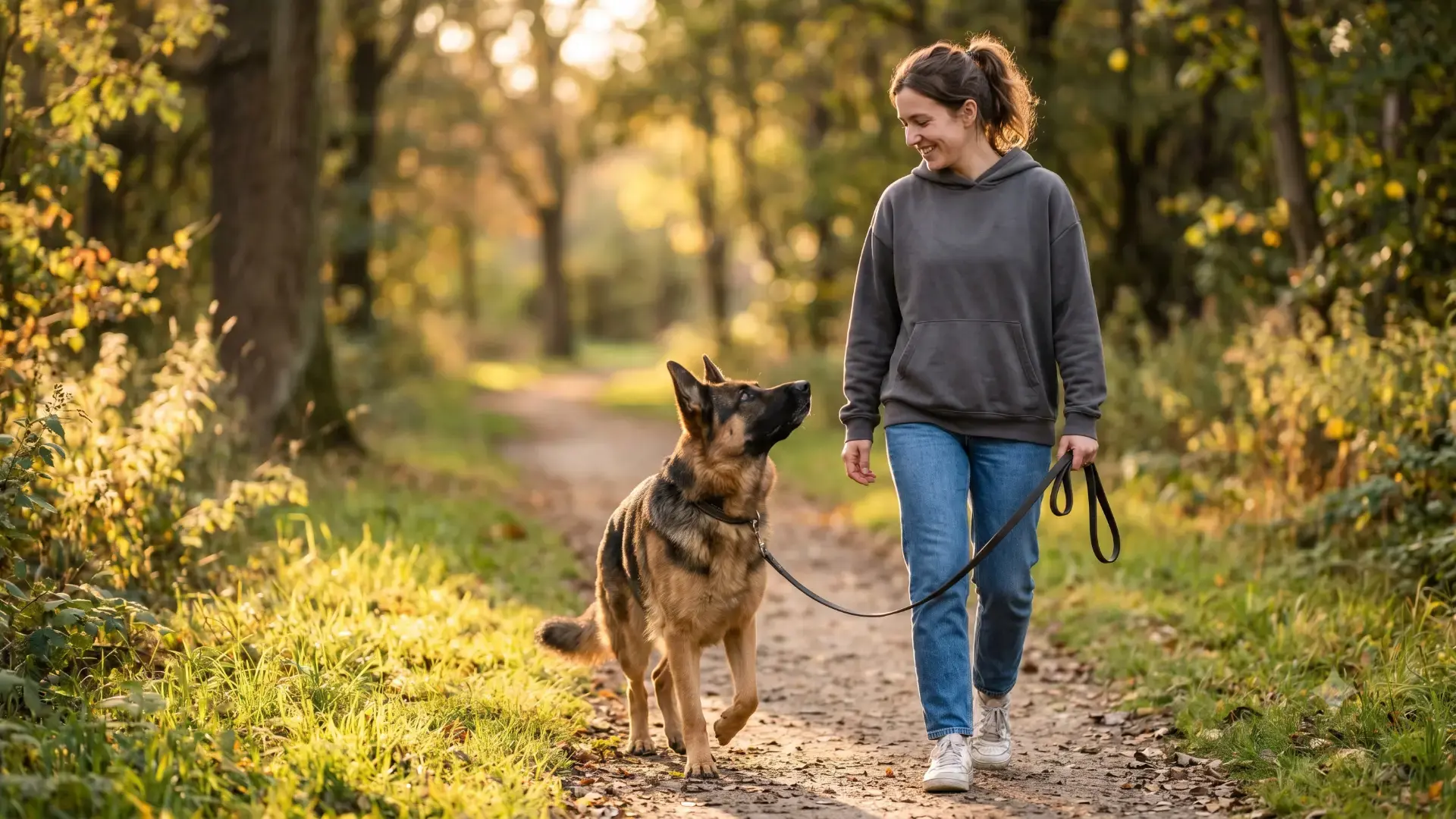 Owner heeling German Shepherd on trail