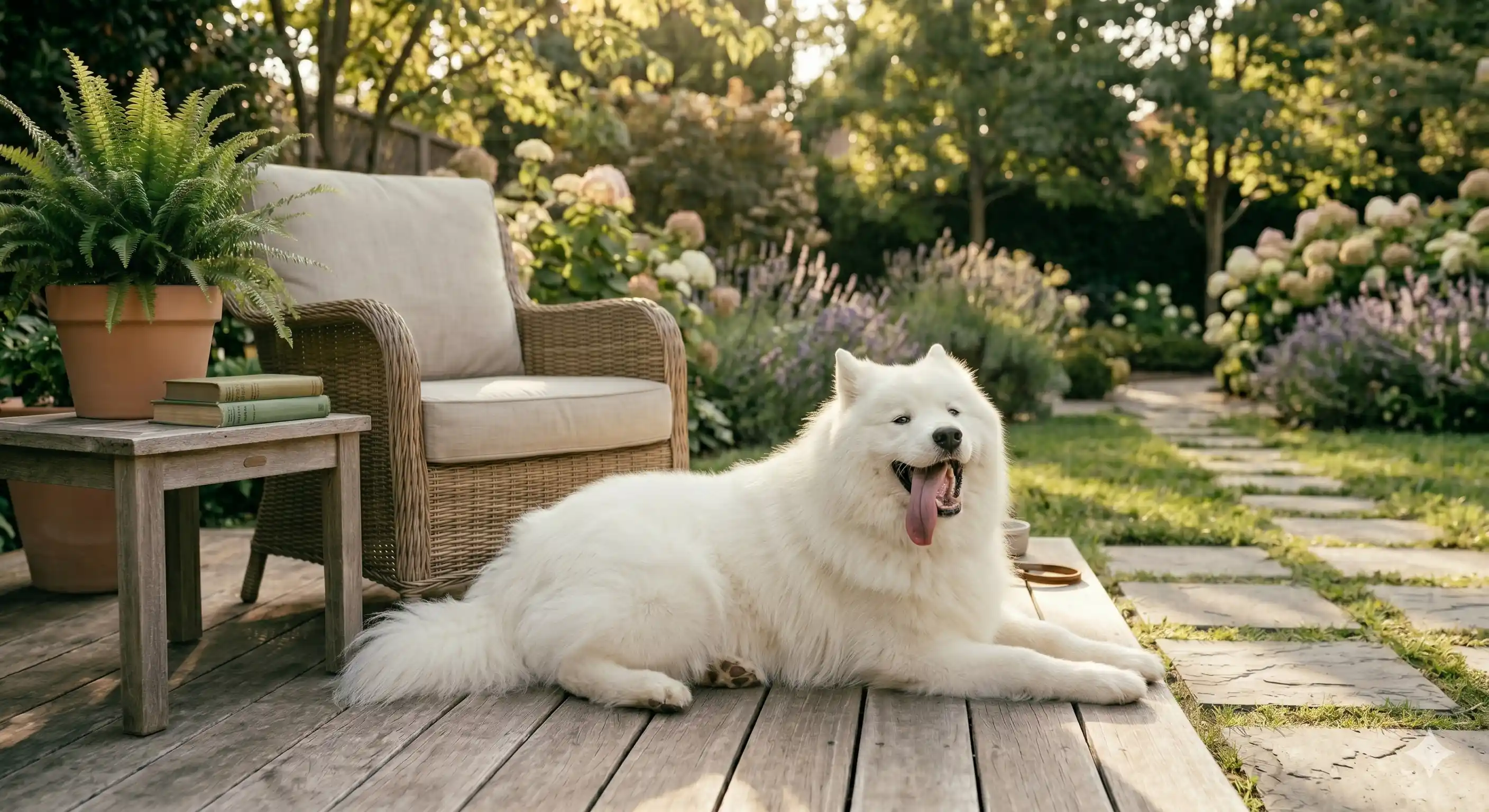 A beautiful, fluffy white Samoyed dog is lying comfortably on a weathered wooden patio deck. Next to the dog is a wicker armchair with a beige cushion and a rustic wooden side table. On the table is a stack of books and a large terracotta pot with a thriving fern. The patio opens up to a lush, sun-dappled garden with square stepping stones forming a path through beds of blooming purple lavender and green hydrangeas. The scene is bathed in soft, warm golden sunlight filtering through mature trees.
