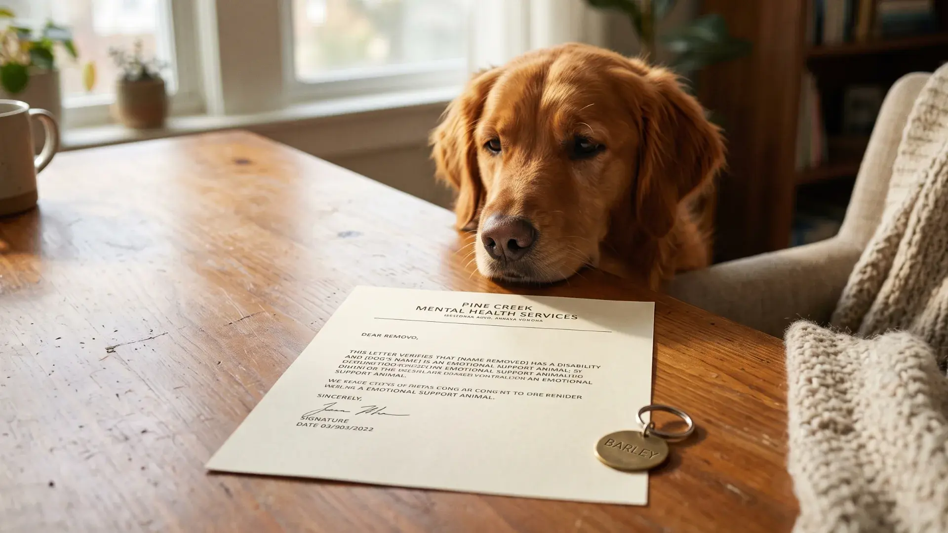 ESA letter and dog tag on desk
