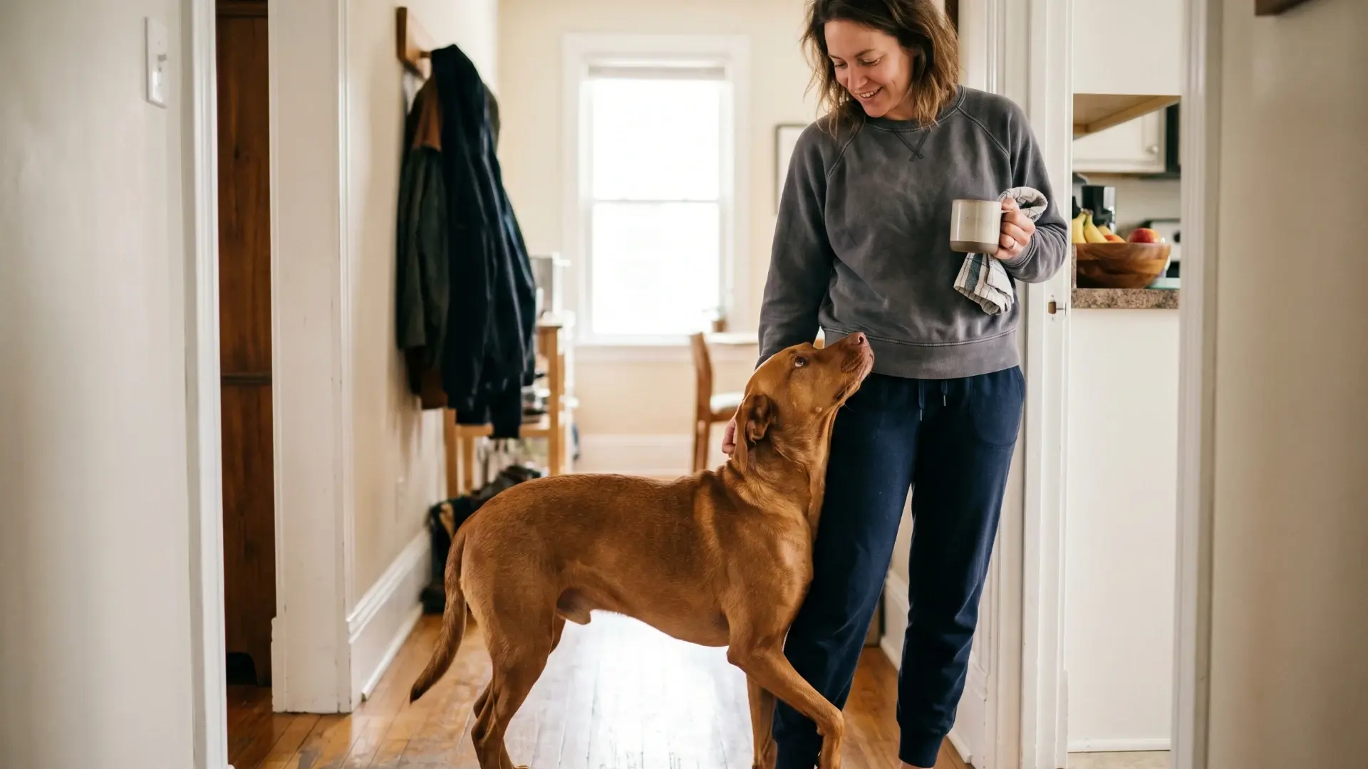 Clingy dog leaning against woman's leg