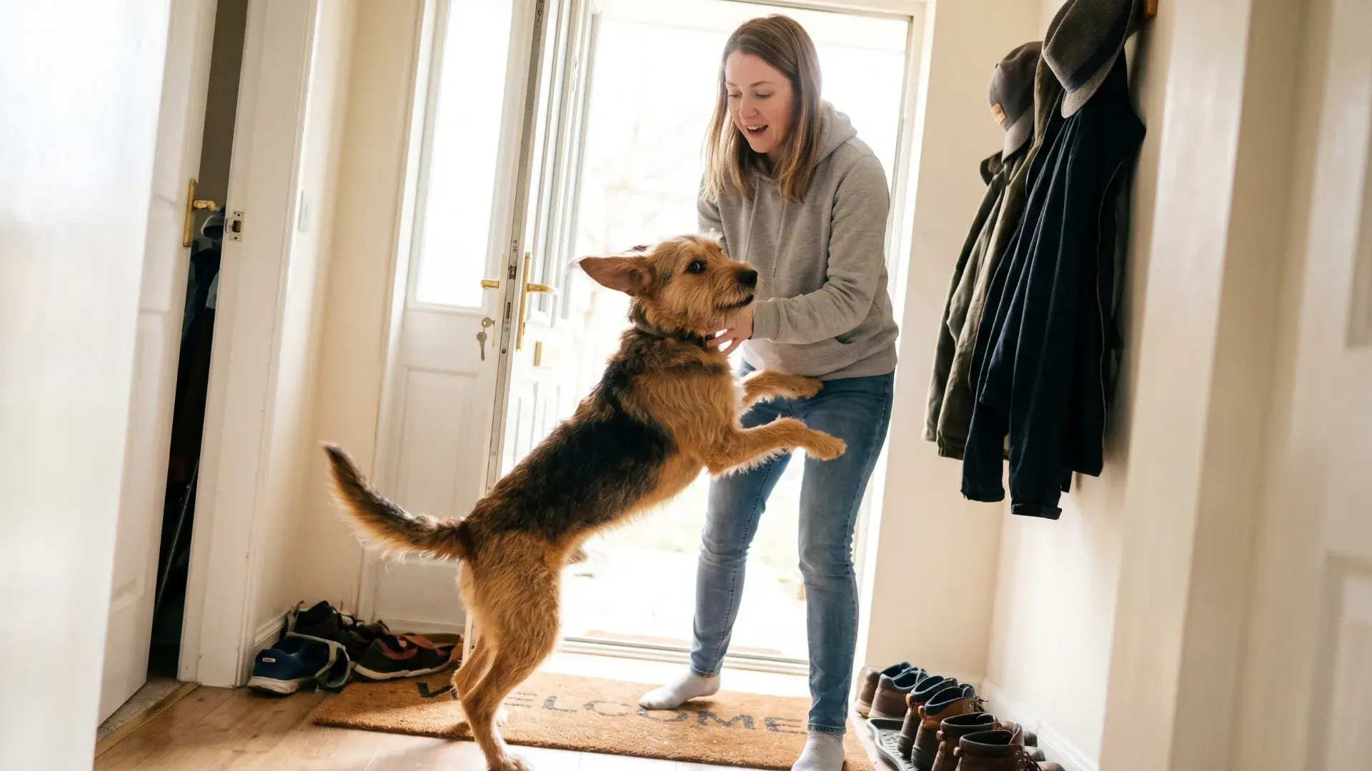 Dog jumping up on woman indoors