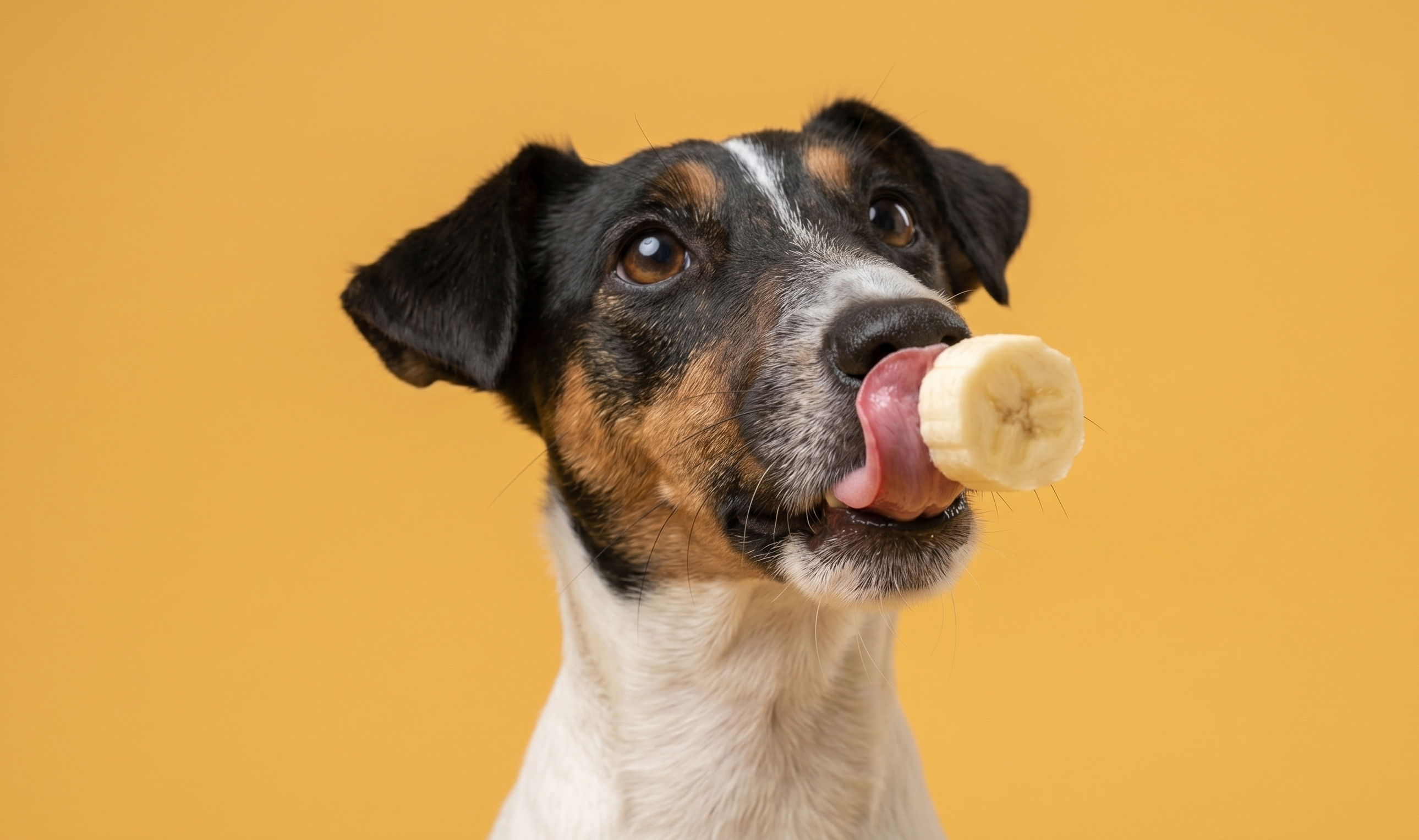 Dog licking banana slice eagerly