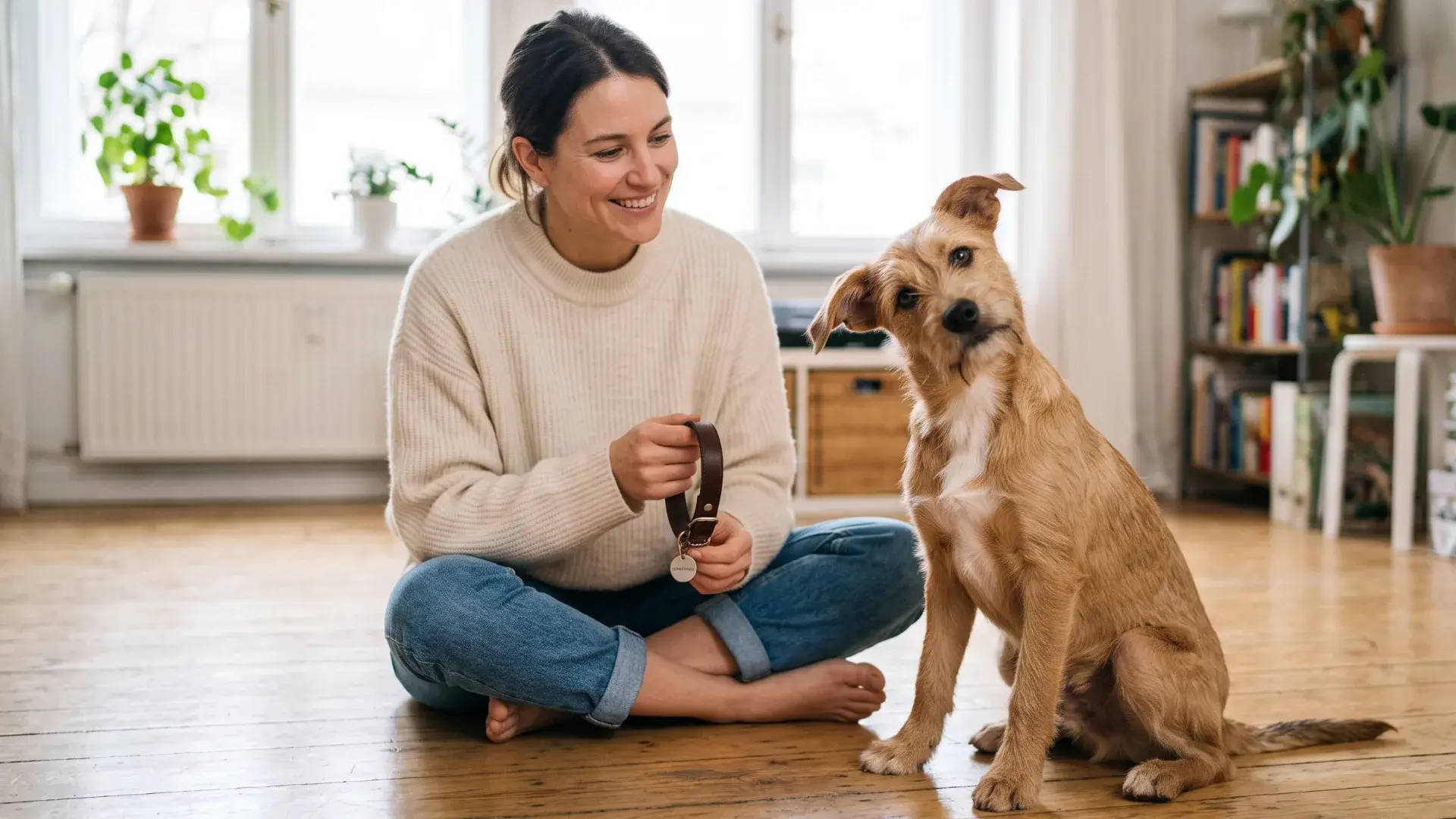 Owner choosing boy dog name indoors
